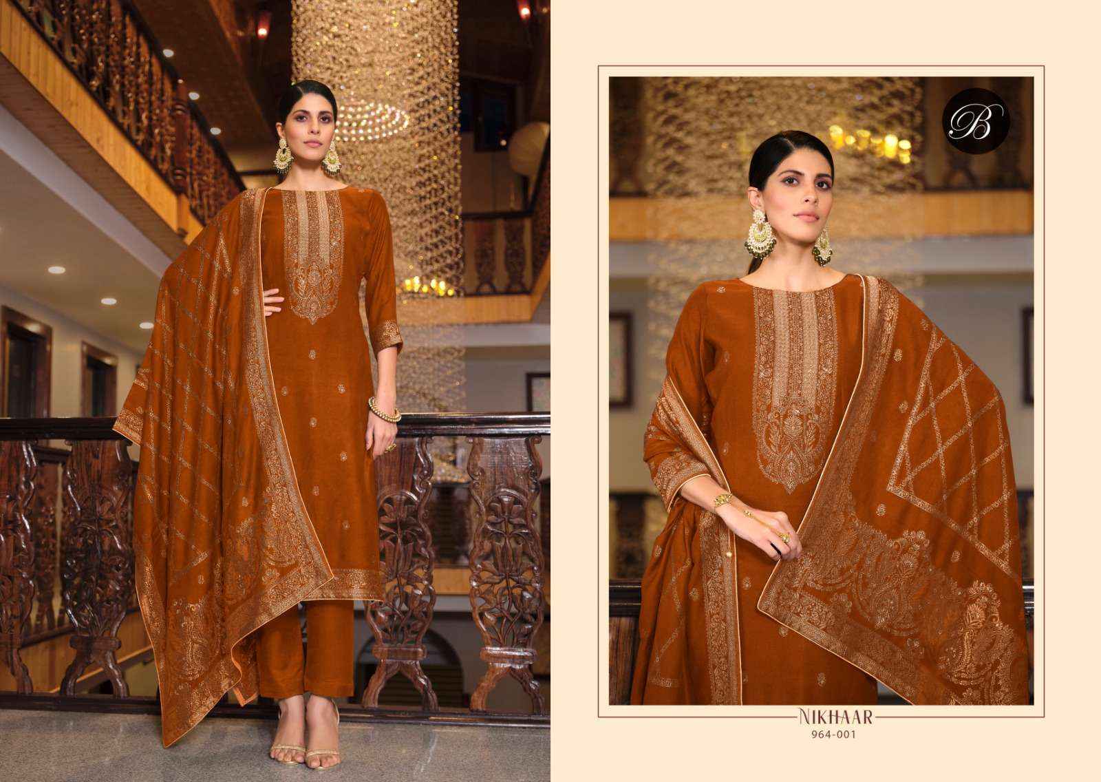 BELLIZA DESIGNER STUDIO NIKHAAR MUSLIN JACQUARD DRESS MATERIAL ( 6 PCS CATALOG )