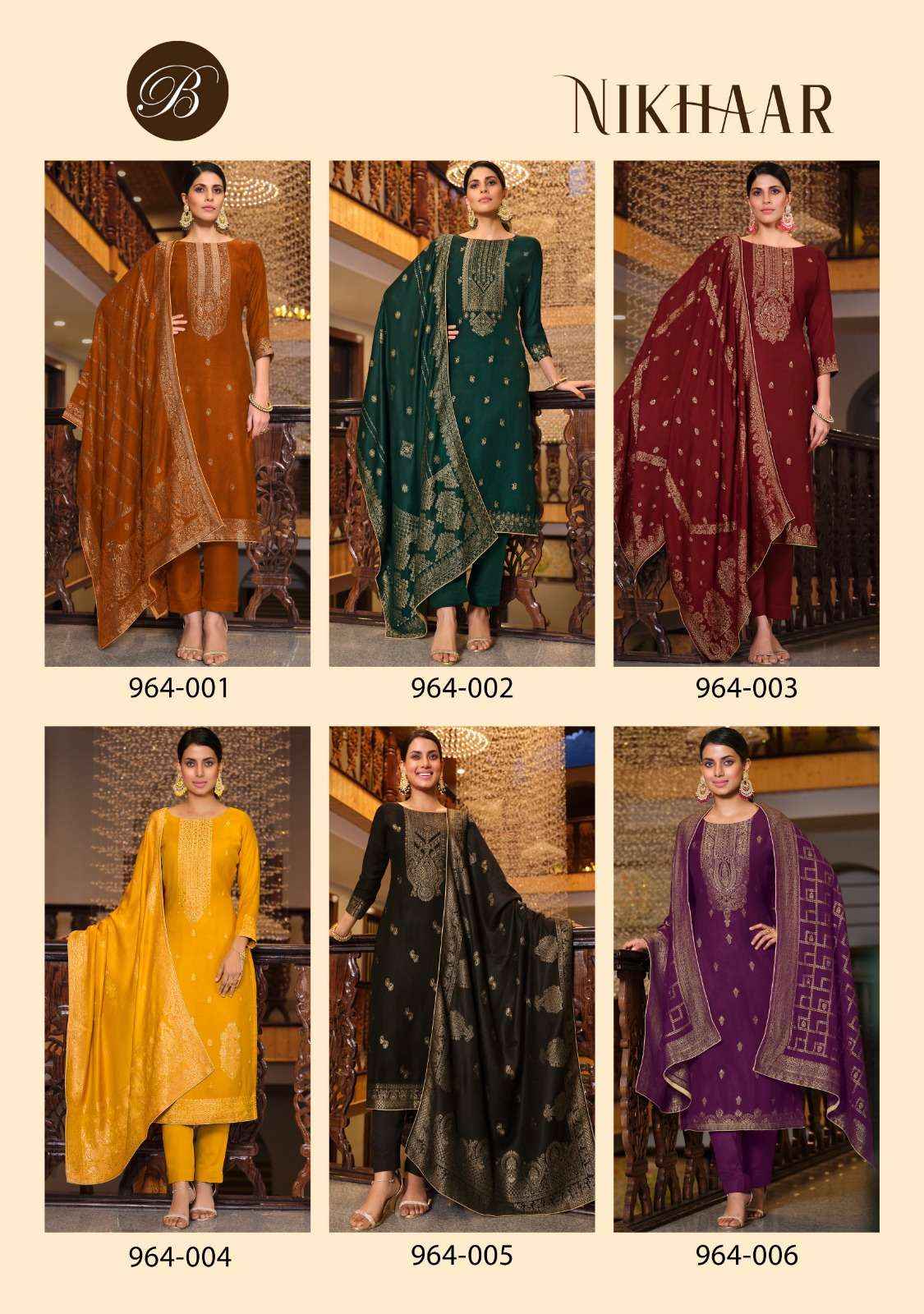 BELLIZA DESIGNER STUDIO NIKHAAR MUSLIN JACQUARD DRESS MATERIAL ( 6 PCS CATALOG )