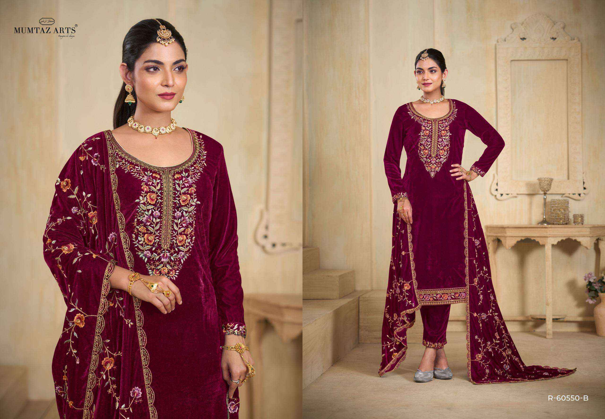 MUMTAZ ARTS ROOH WHOLESALE LADIES VELVET EMBROIDERY DESIGNER SUIT ( 5 PCS CATALOG )