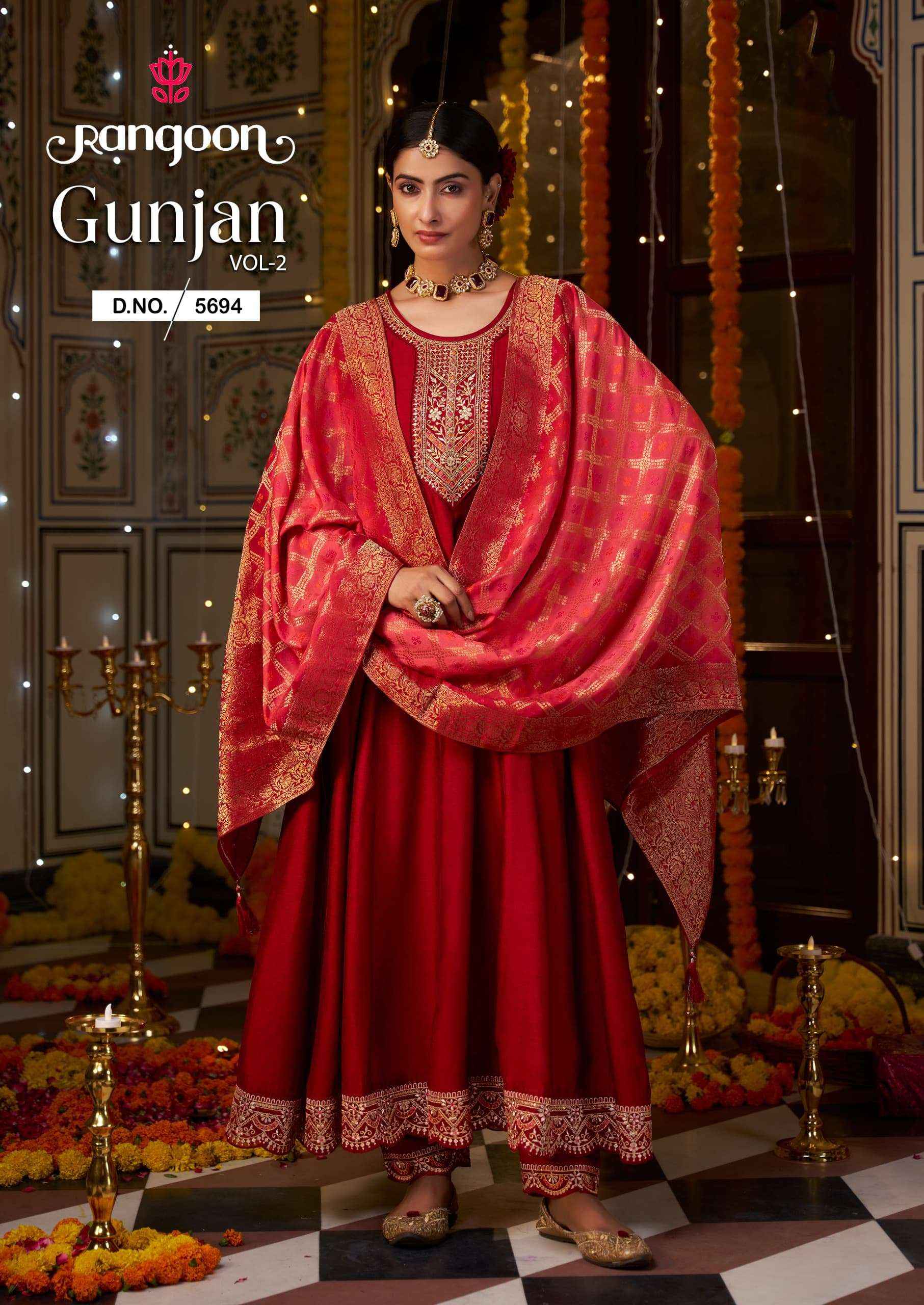 RANGOON GUNJAN VOL 2 WHOLESALE SILK DESIGNER ANARKALI STYLE SUIT ( 6 PCS CATALOG )