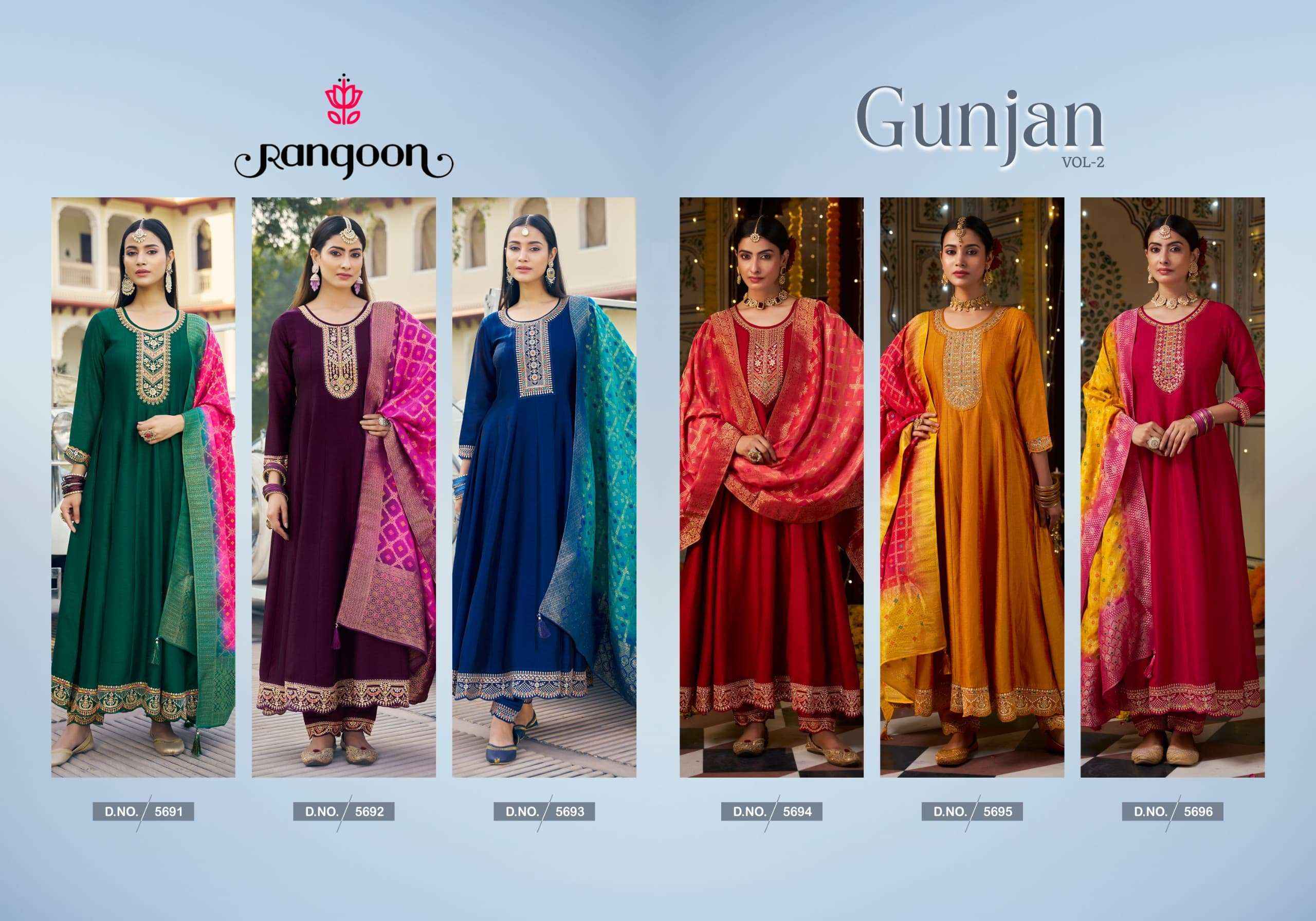 RANGOON GUNJAN VOL 2 WHOLESALE SILK DESIGNER ANARKALI STYLE SUIT ( 6 PCS CATALOG )