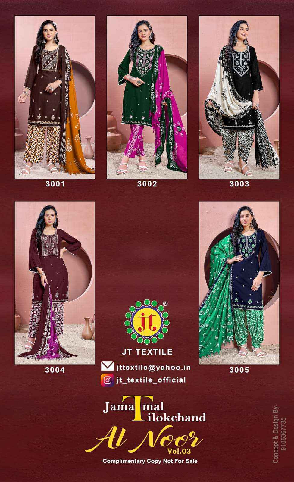 JT AL NOOR VOL 3 RAYON FANCY EMBROIDERY WORKS SALWAR SUIT ( 5 PCS CATALOG )