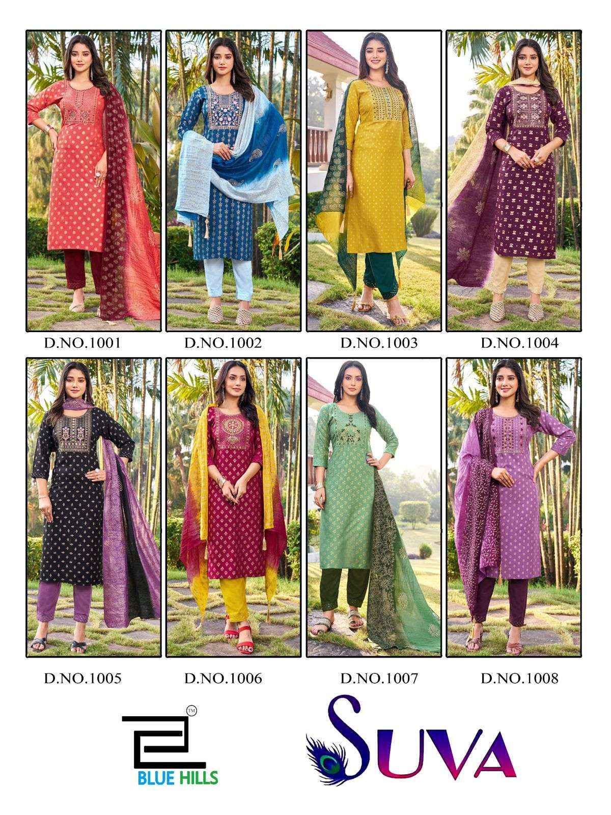 BLUE HILLS SUVA RAYON FOIL PRINT READYMADE SUITS ( 8 PCS CATALOG )