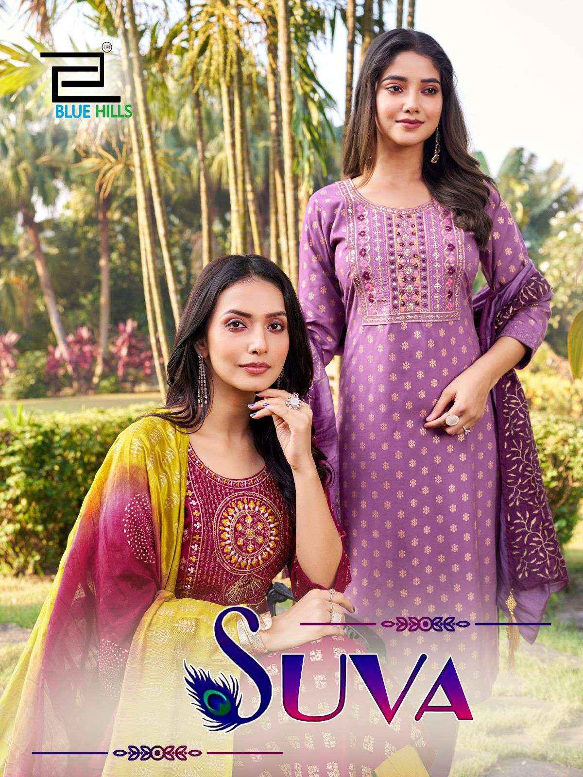 BLUE HILLS SUVA RAYON FOIL PRINT READYMADE SUITS ( 8 PCS CATALOG )