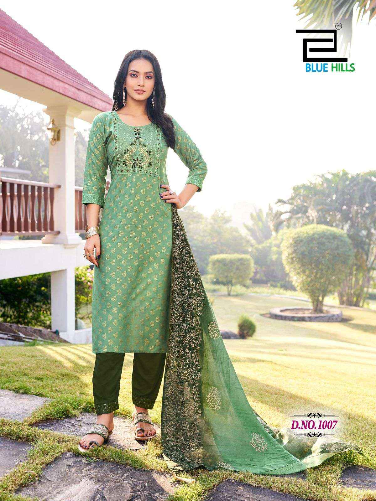 BLUE HILLS SUVA RAYON FOIL PRINT READYMADE SUITS ( 8 PCS CATALOG )