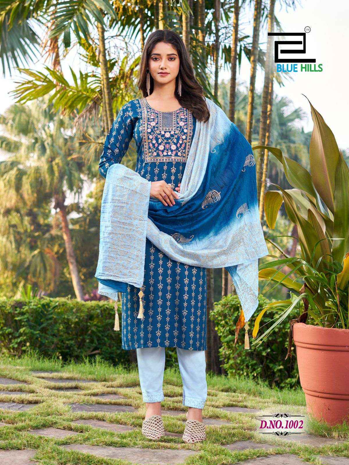 BLUE HILLS SUVA RAYON FOIL PRINT READYMADE SUITS ( 8 PCS CATALOG )