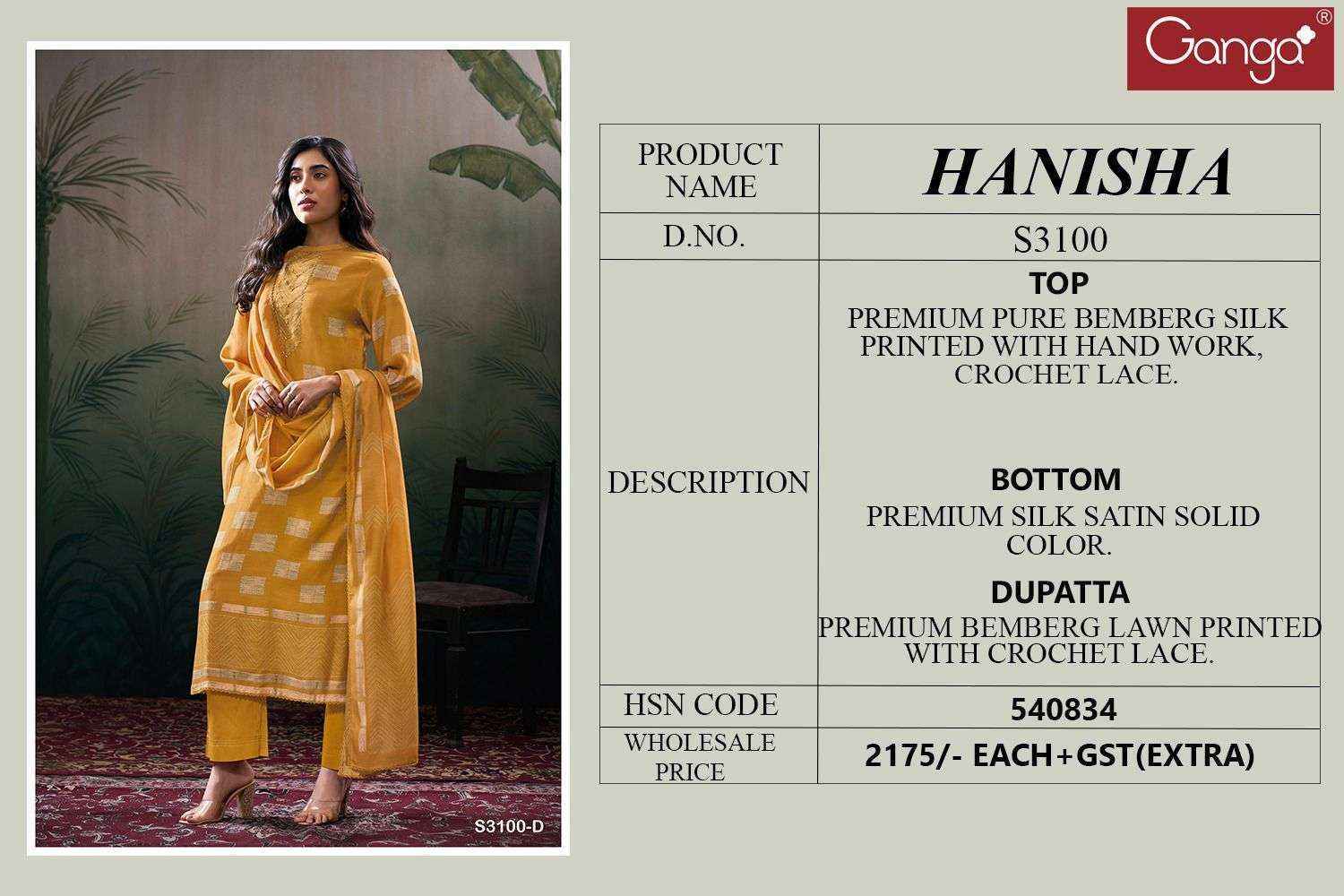 Ganga Hanisha 3100 Bamber Silk Salwar Kameez Wholesale Price ( 4 Pcs Catalog )