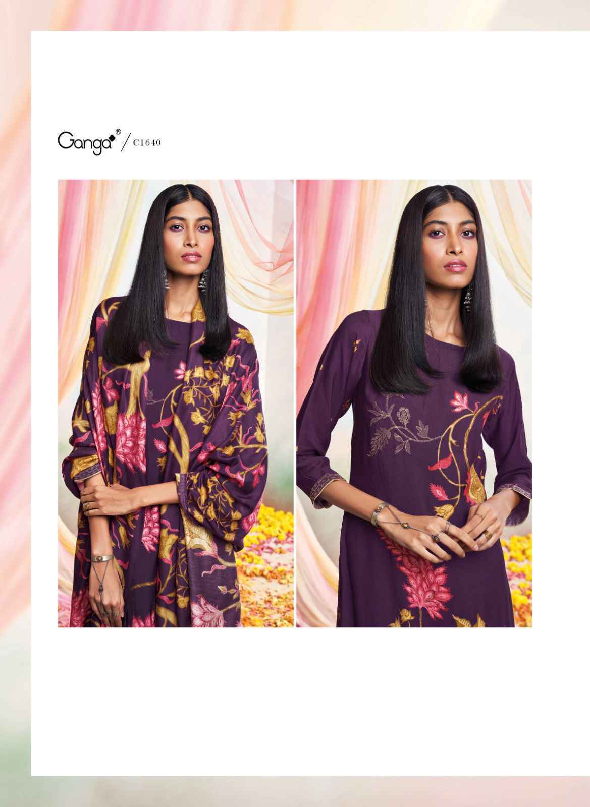 Ganga Mor Bemberg Silk Pashmina salwar kameez wholesale price ( 6 pcs catalog )