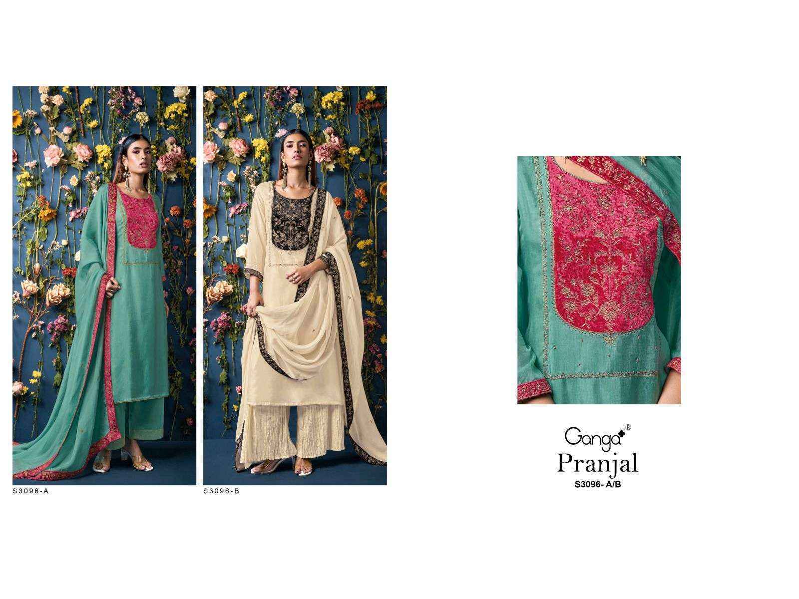 Ganga Pranjal 3096 Bamberg Silk Salwar Kameez Wholesale Price ( 2 Pcs Catalog )