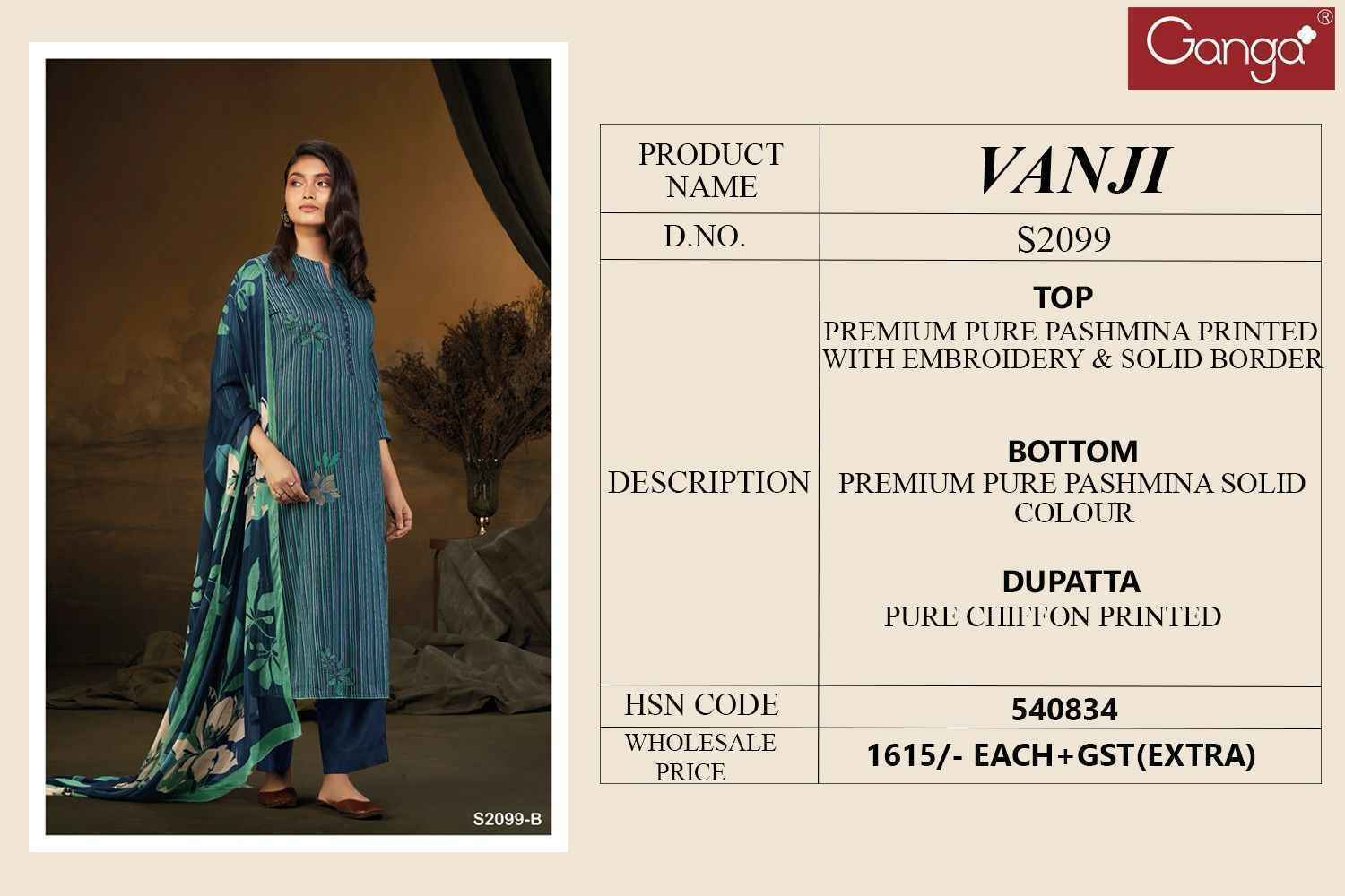 Ganga Vanji-2099 Pashmina salwar kameez wholesale price ( 4 pcs catalog )