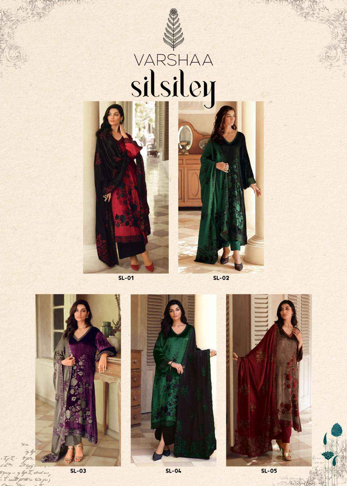 Varsha Silsiley Partywear Style Velvet Latest Designer salwar kameez wholesale price ( 5 pcs catalog  )