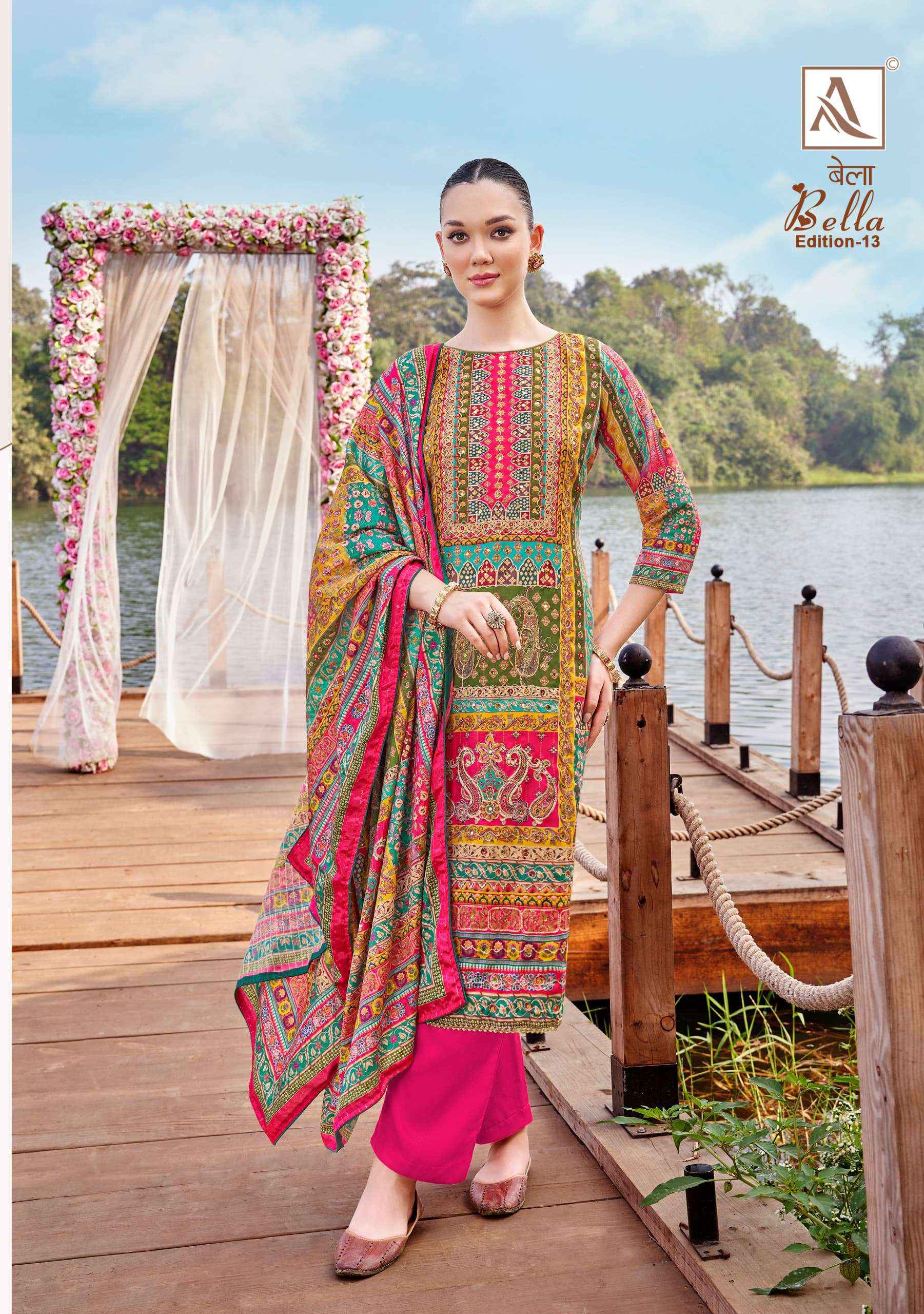 ALOK SUITS BELLA VOL 13 MUSLIN DIGITAL PRINT SAlWAR KAMEEZ WHOLESALE PRICE ( 6 PCS CATALOG )