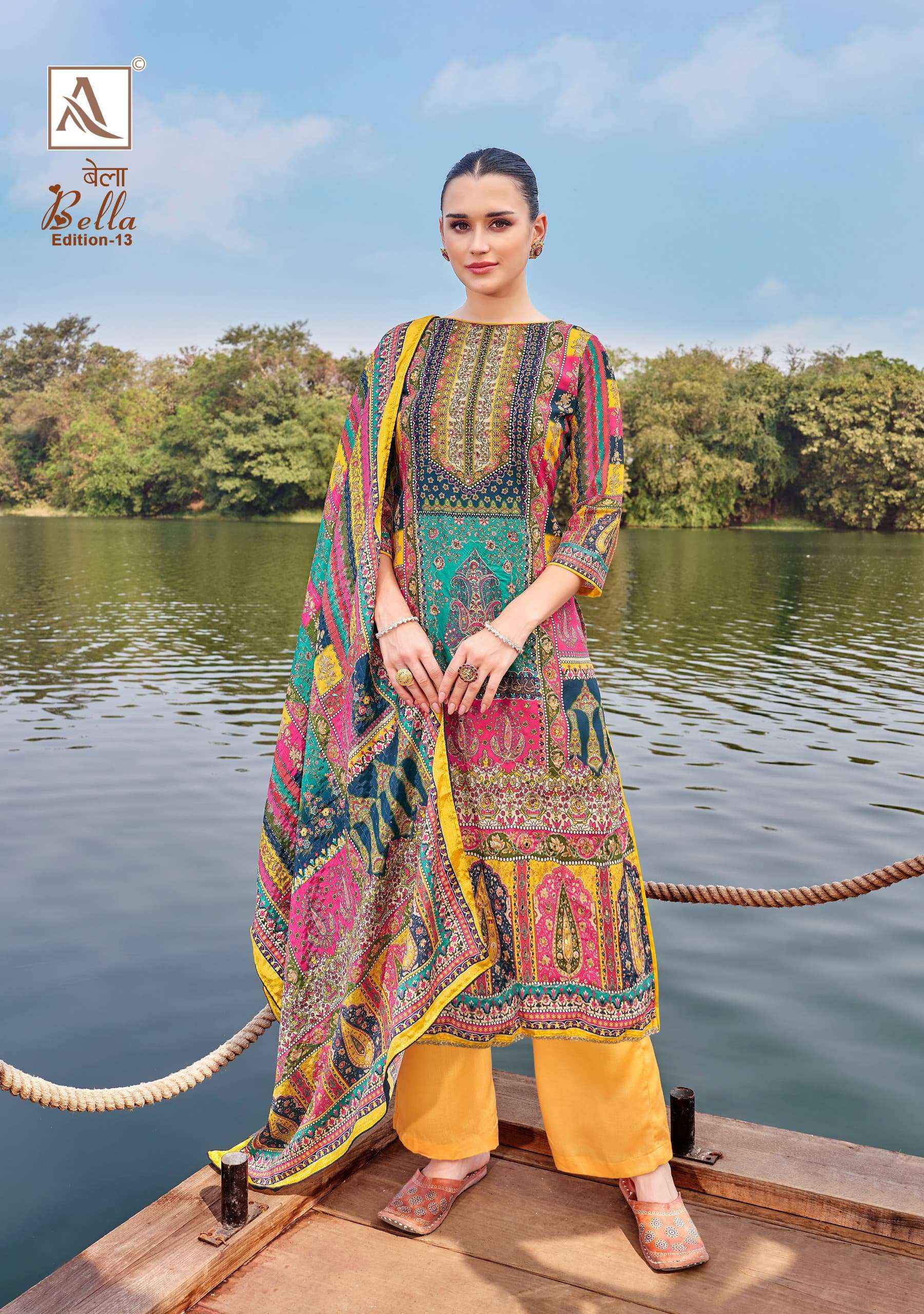 ALOK SUITS BELLA VOL 13 MUSLIN DIGITAL PRINT SAlWAR KAMEEZ WHOLESALE PRICE ( 6 PCS CATALOG )