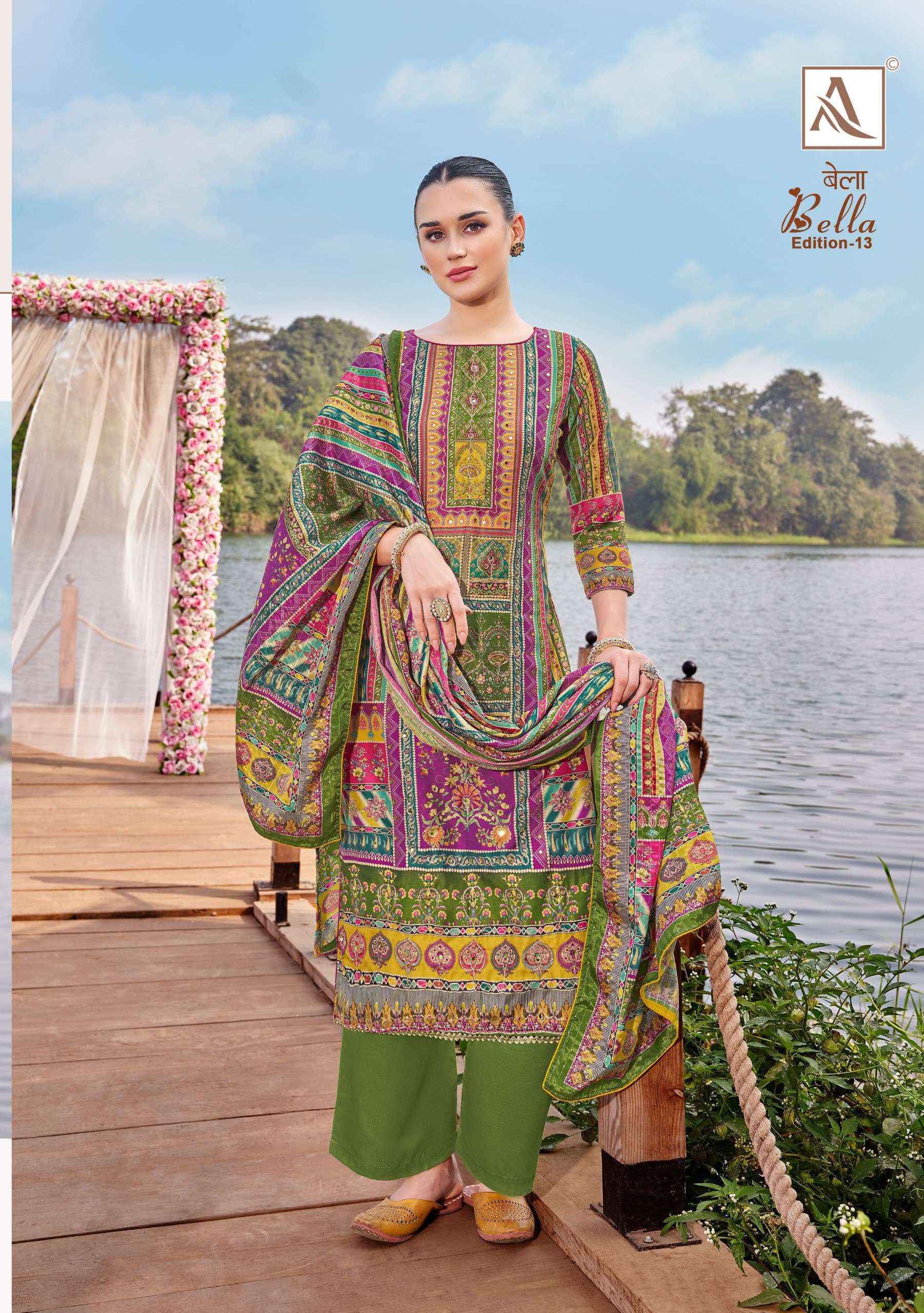 ALOK SUITS BELLA VOL 13 MUSLIN DIGITAL PRINT SAlWAR KAMEEZ WHOLESALE PRICE ( 6 PCS CATALOG )