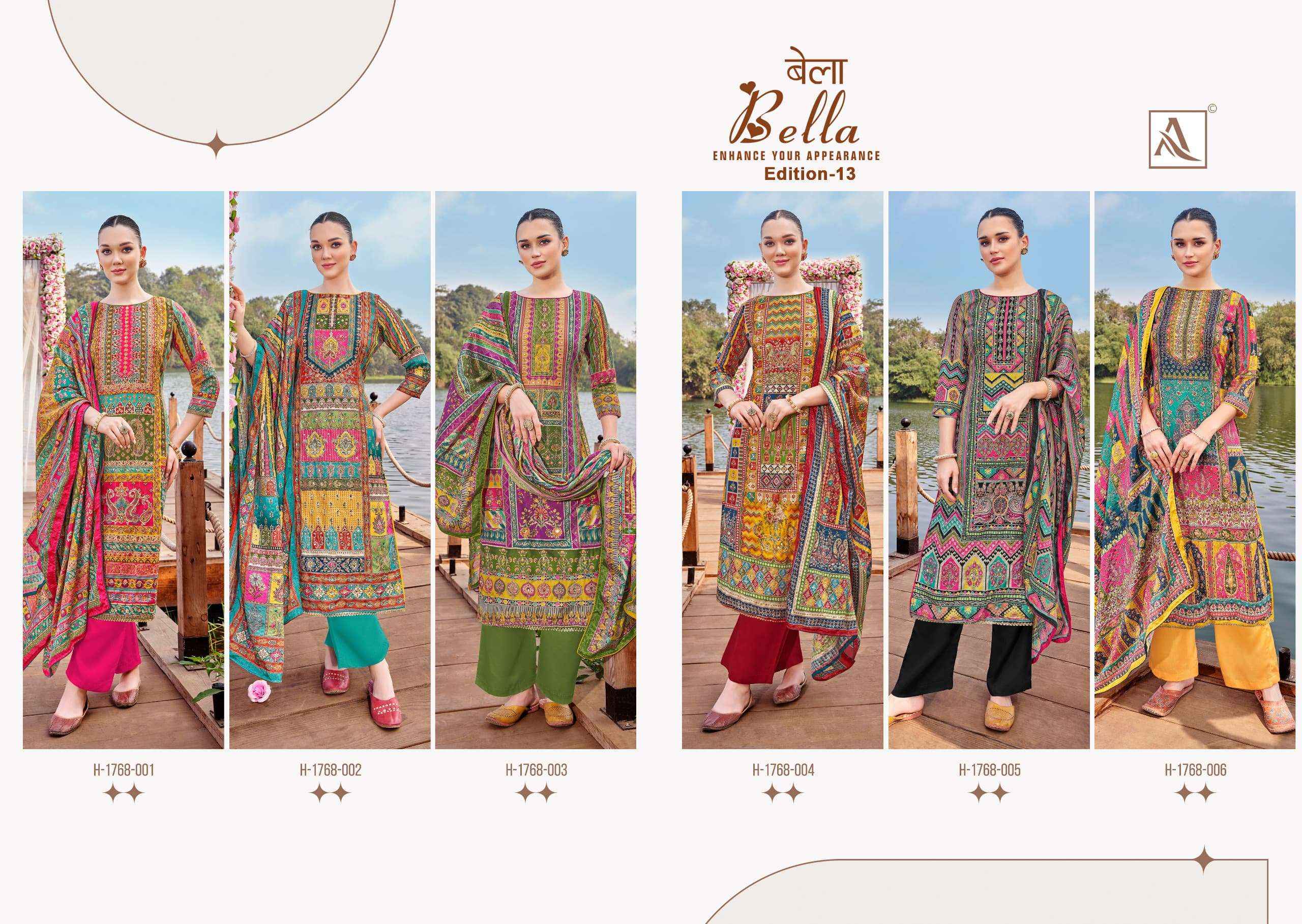 ALOK SUITS BELLA VOL 13 MUSLIN DIGITAL PRINT SAlWAR KAMEEZ WHOLESALE PRICE ( 6 PCS CATALOG )