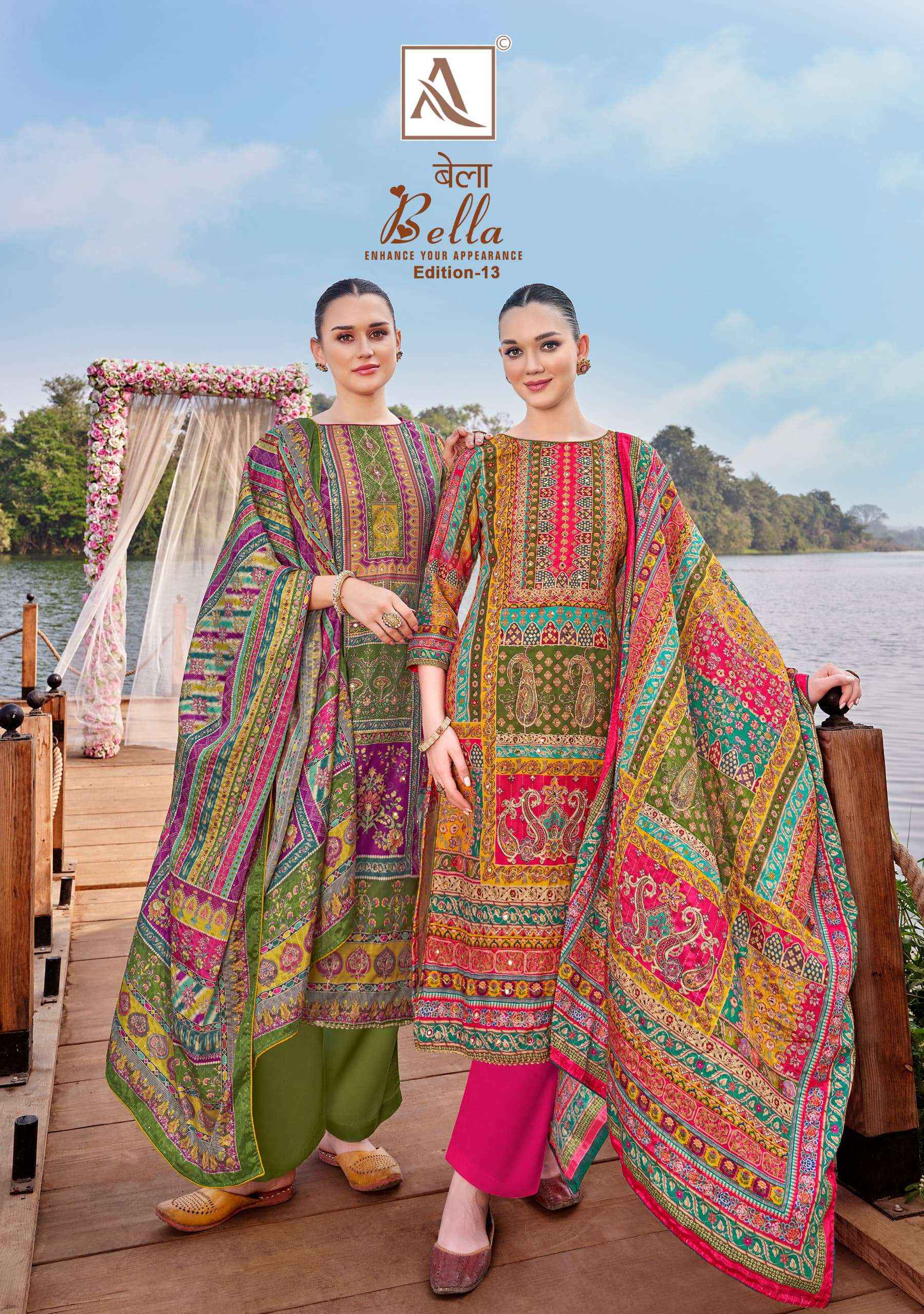 ALOK SUITS BELLA VOL 13 MUSLIN DIGITAL PRINT SAlWAR KAMEEZ WHOLESALE PRICE ( 6 PCS CATALOG )