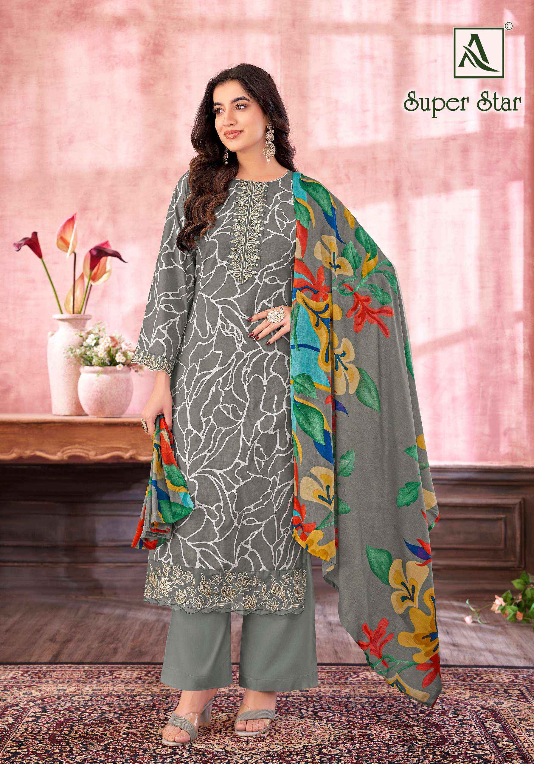 ALOK SUITS SUPER STAR COTTON PRINT WITH FANCY SALWAR KAMEEZ WHOLESALE PRICE ( 6 PCS CATALOG )