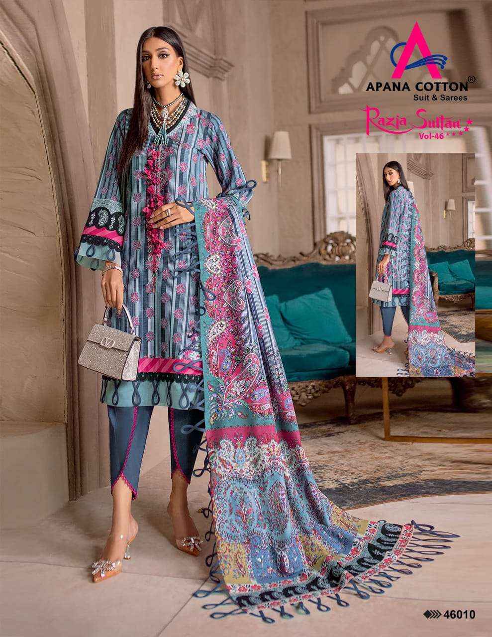 APANA COTTON RAZIA SULTAN VOL 46 WHOLESALE COTTON PAKISTANI SUITS ( 10 PCS CATALOG )