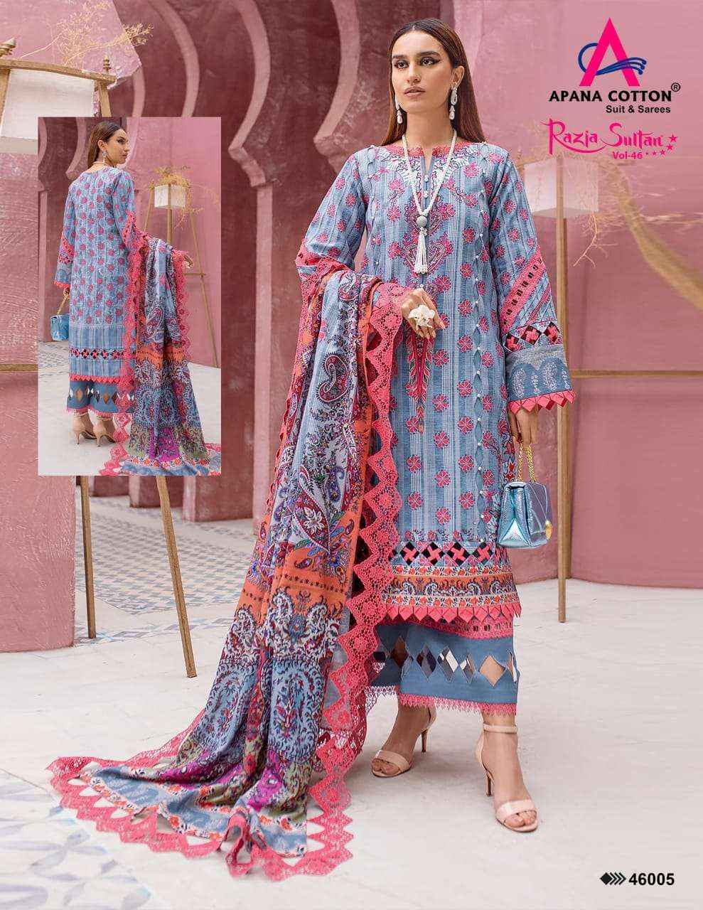 APANA COTTON RAZIA SULTAN VOL 46 WHOLESALE COTTON PAKISTANI SUITS ( 10 PCS CATALOG )