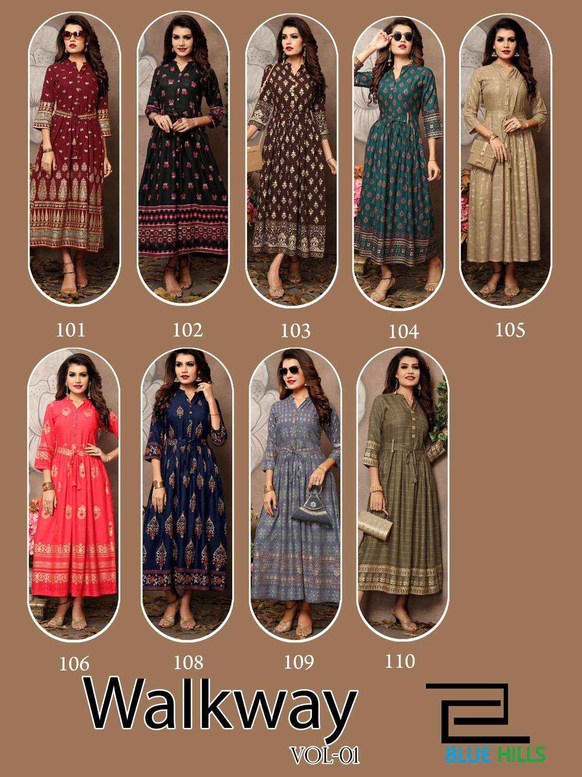 BLUE HILLS WALKWAY VOL 1 RAYON PRINT FANCY WEAR LADIES GOWN ( 9 PCS CATALOG )