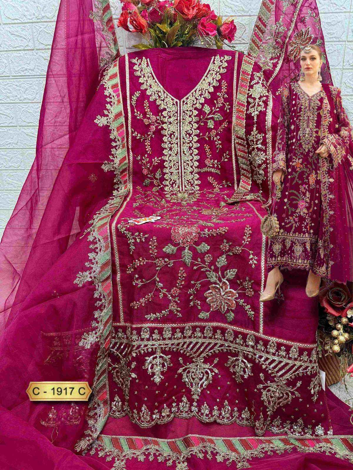 FEPIC ROSEMEEN C 1917 ORGANZA HEAVY EMBROIDERED PAKISTANI SALWAR KAMEEZ WHOLESALE PRICE ( 3 PCS CATAOG )