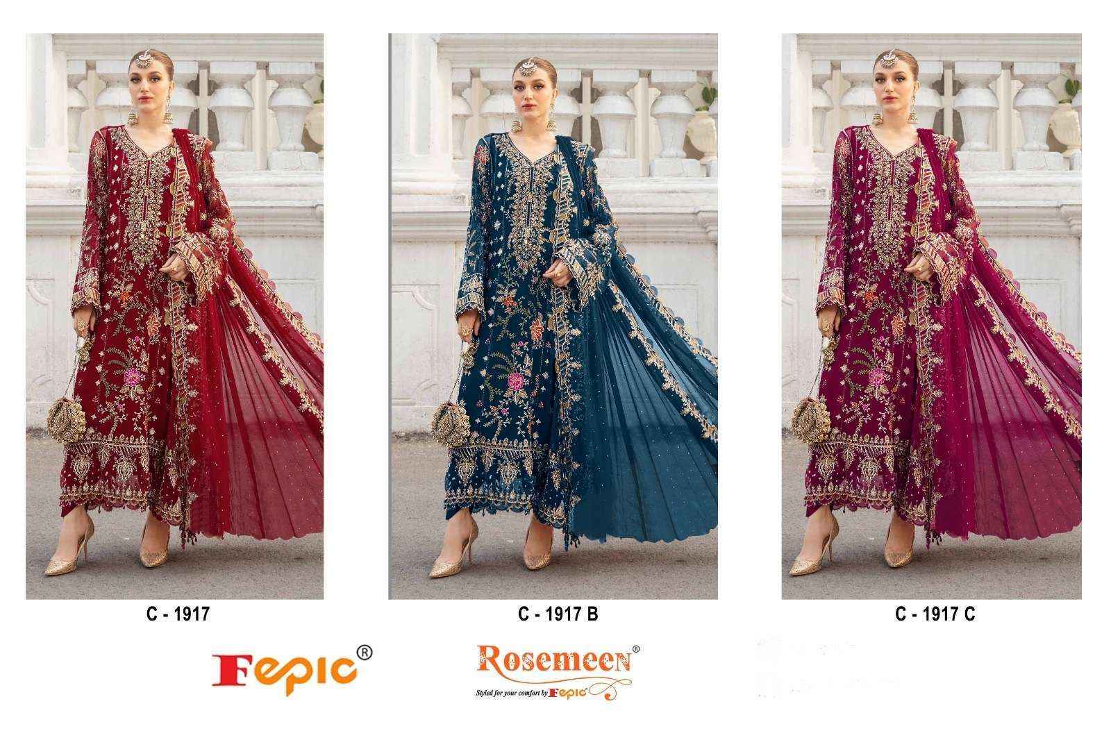 FEPIC ROSEMEEN C 1917 ORGANZA HEAVY EMBROIDERED PAKISTANI SALWAR KAMEEZ WHOLESALE PRICE ( 3 PCS CATAOG )