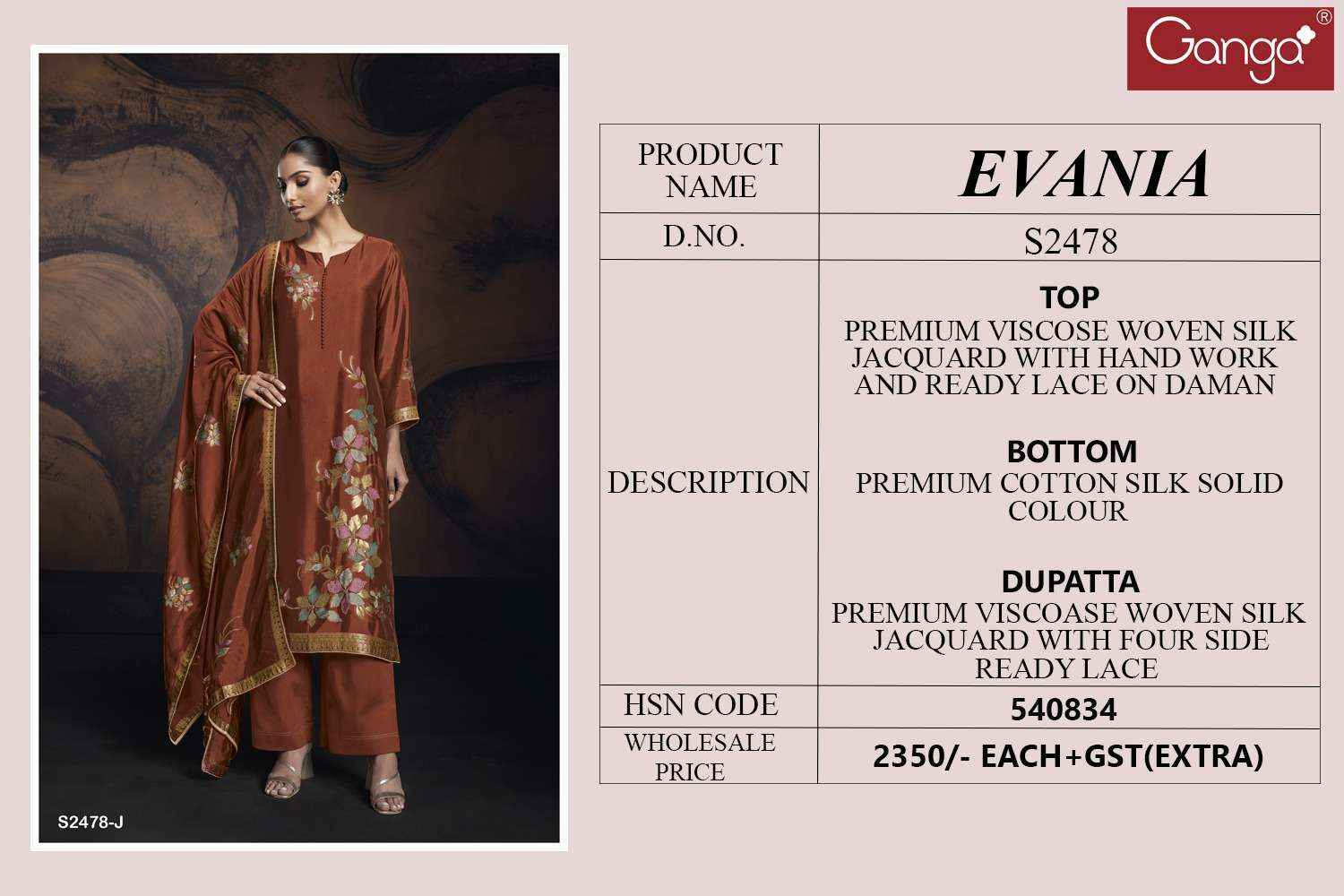 Ganga Fashion Evania 2478 New Colors Designer Jacquard Silk Suit Salwar Kameez Wholesale Price ( 4 Pcs Catalog )