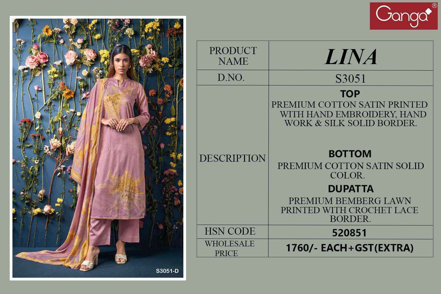 Ganga Fashion Lina 3051 Premium  Cotton Satin Suit Salwar Kameez Wholesale Price ( 4 Pcs Catalog )