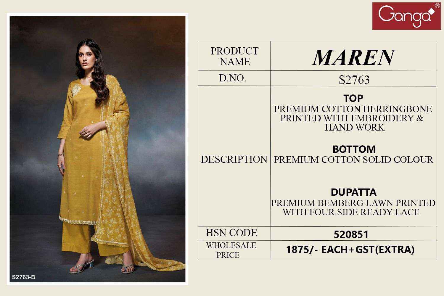 Ganga Fashion Maren 2763 Fancy Cotton Premium Design Suit Salwar Kameez Wholesale Price ( 4 Pcs Catalog )