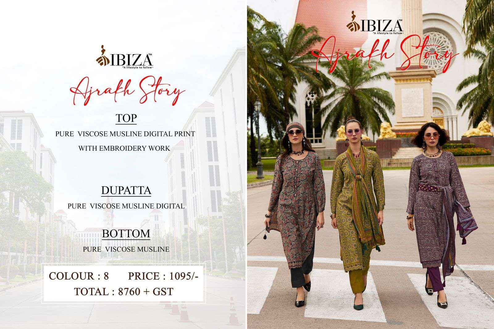 IBIZA AJRAKH STORY VISCOSE PRINT WITH EMBROIDERY WORK SUIT  SALWAR KAMEEZ WHOLESALE PRICE ( 8 PCS CATALOG )