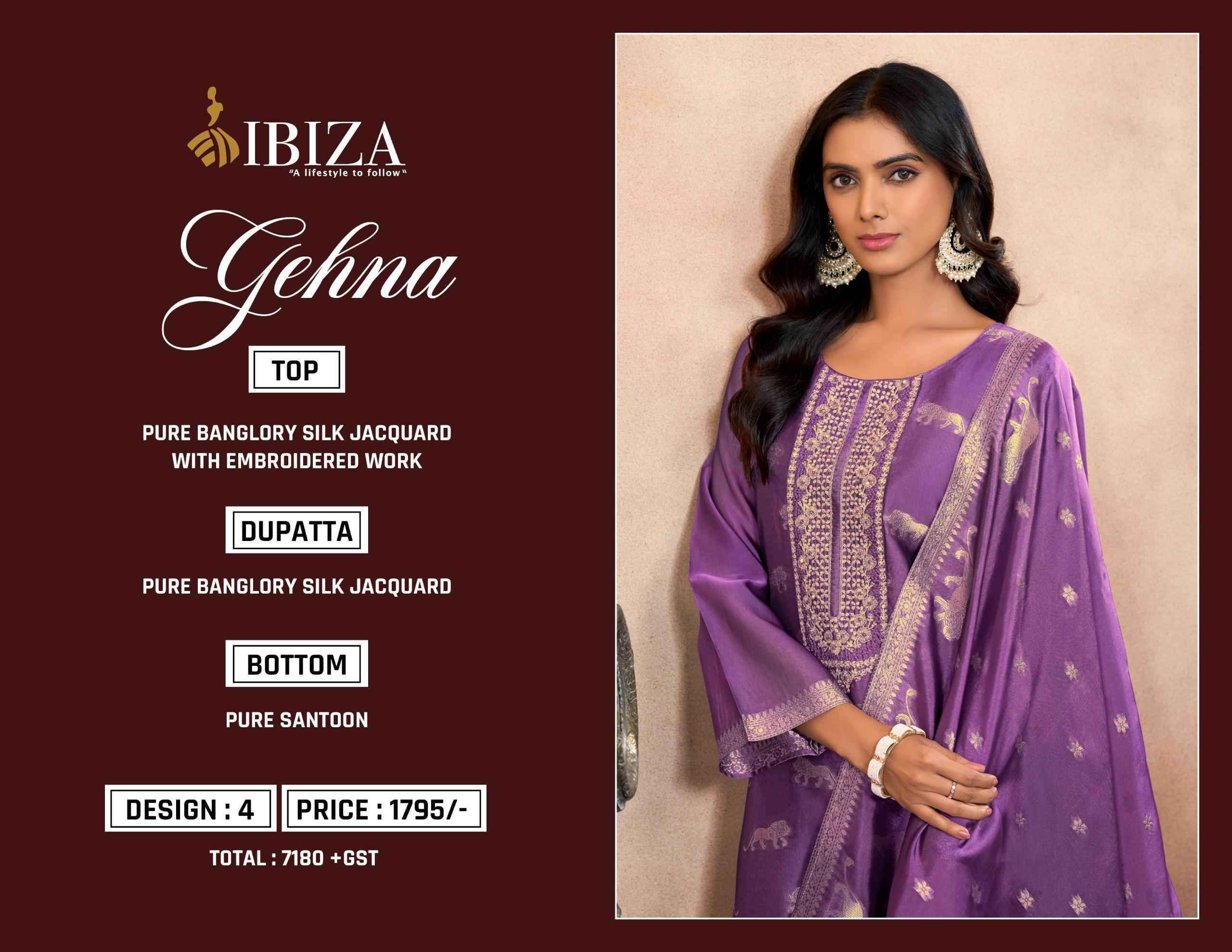 Ibiza Gehna Partywear Style Banglory Silk Suit Salwar Kameez Wholesale Price ( 4 Pcs Catalog )
