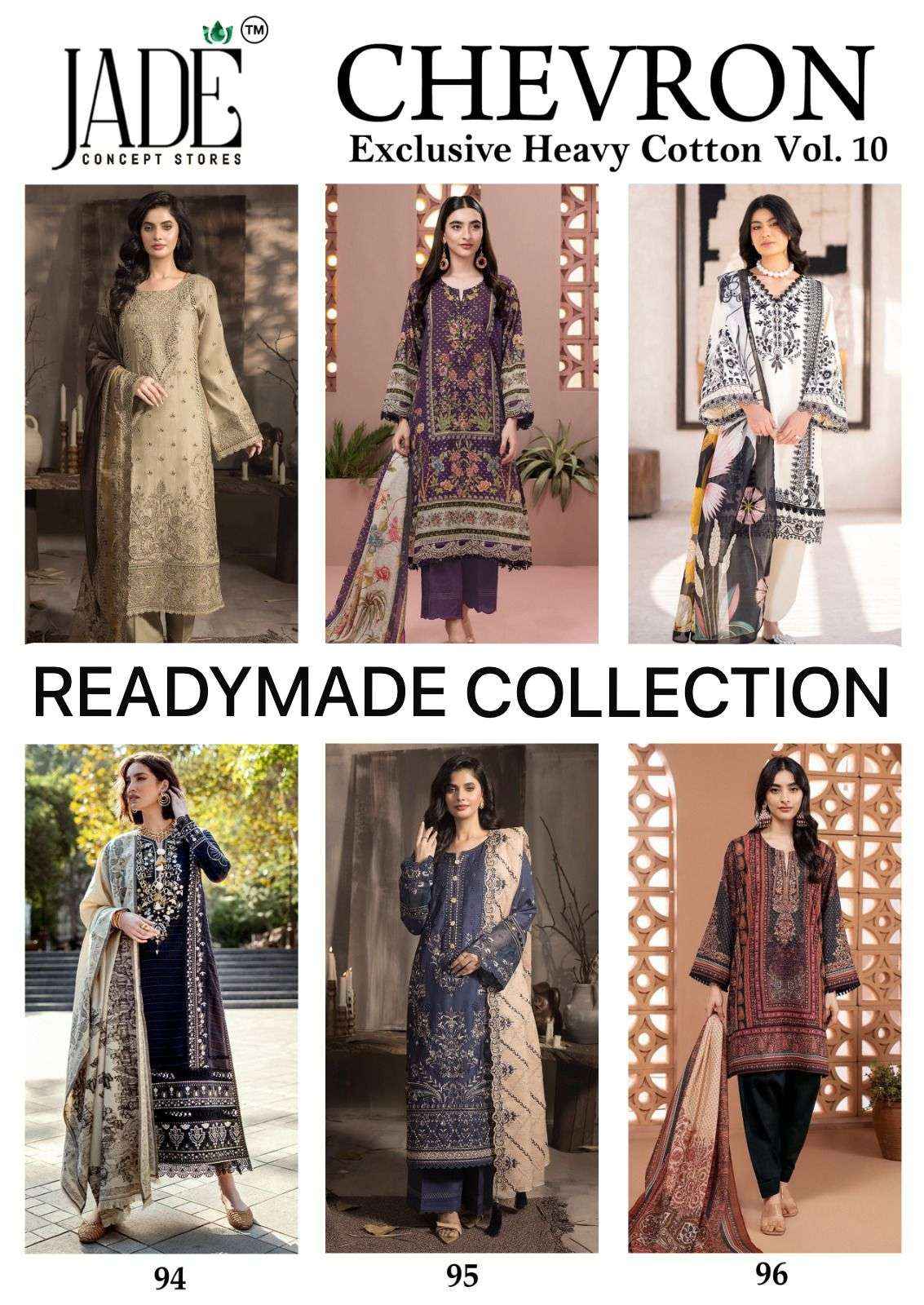 JADE CHEVRON EXCLUSIVE HEAVY COTTON VOL 10 READYMADE SUIT WHOLESALE PRICE ( 6 PCS CATALOG )