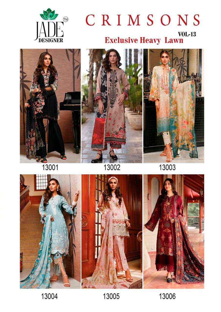 JADE CRIMSON EXCLUSIVE HEAVY LAWN COLLECTION VOL 13 LAWN SAWLWAR KAMEEZ WHOLESALE PRICE ( 6 PCS CATALOG )