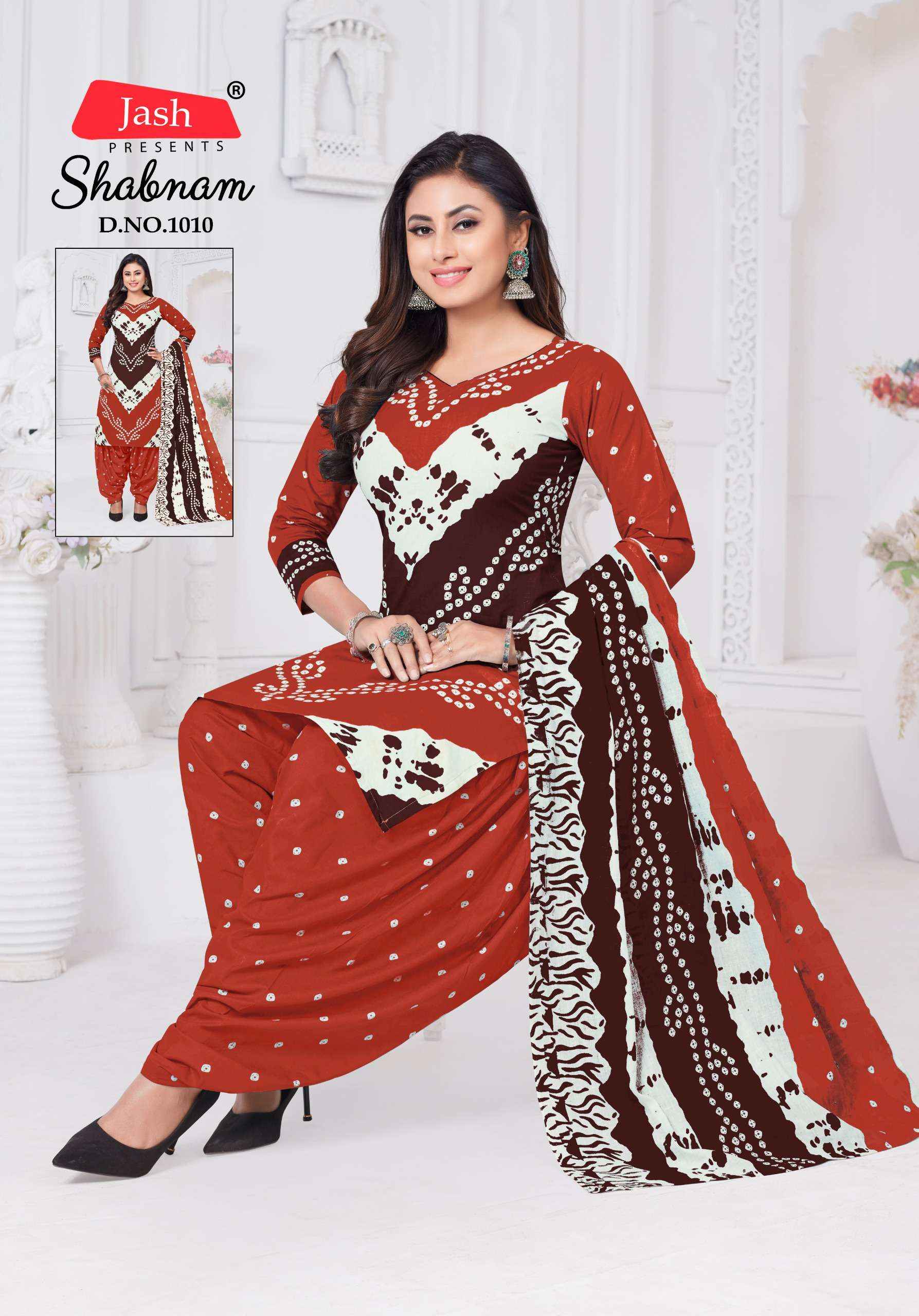 JASH SABNAM COTTON BANDHANI PRINT PATIYALA DRESS MATERIAL WHOLESALE PRICE ( 10 PCS CATALOG )