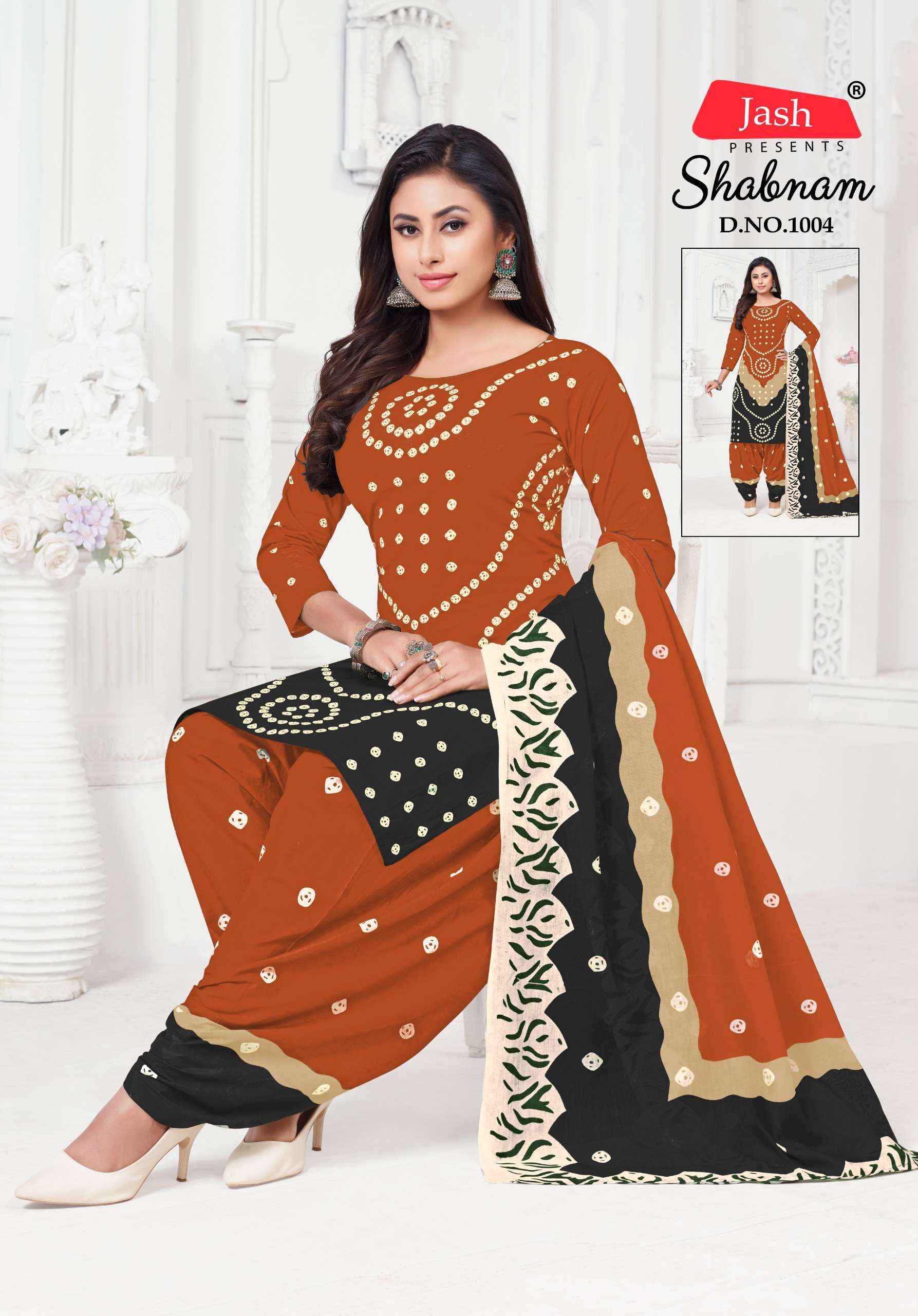 JASH SABNAM COTTON BANDHANI PRINT PATIYALA DRESS MATERIAL WHOLESALE PRICE ( 10 PCS CATALOG )