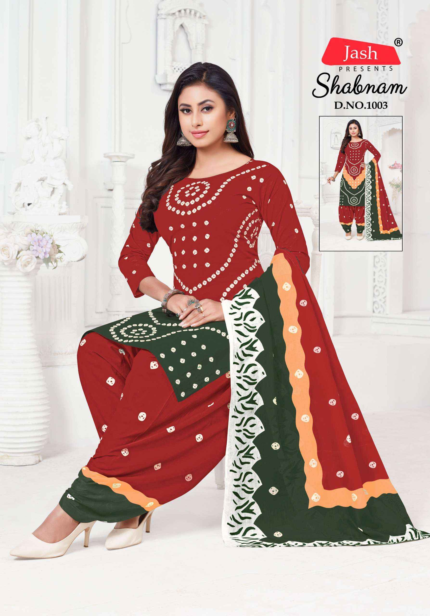 JASH SABNAM COTTON BANDHANI PRINT PATIYALA DRESS MATERIAL WHOLESALE PRICE ( 10 PCS CATALOG )