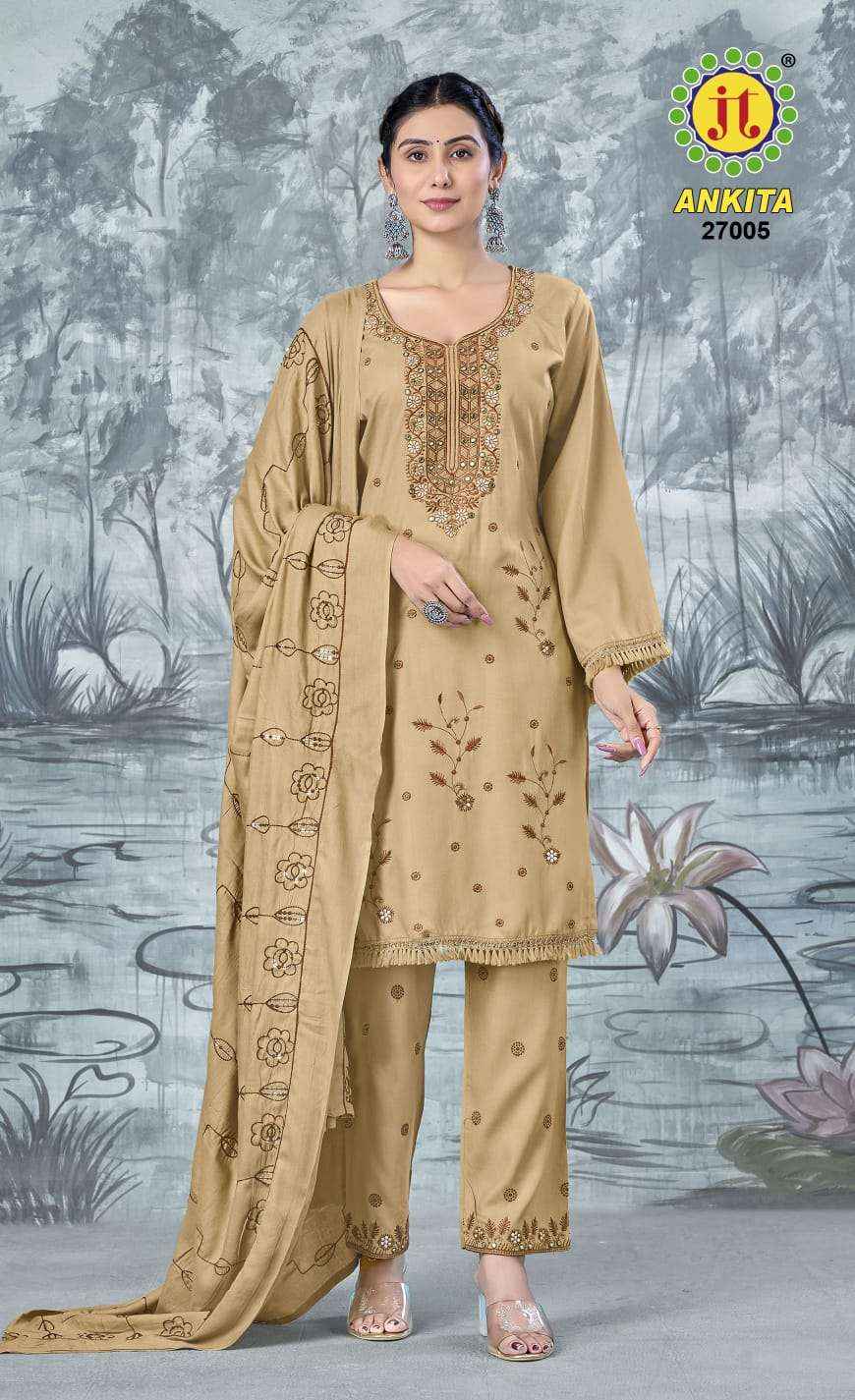 JT ANKITA VOL 27 WHOLESALE RAYON EMBROIDERY WORK SUIT ( 5 pcs catalogue )