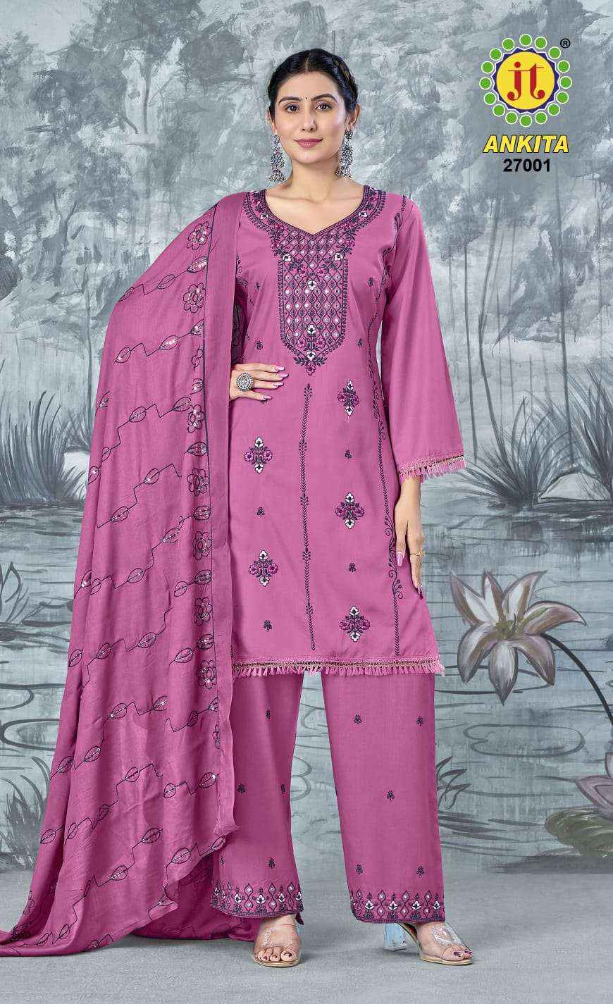 JT ANKITA VOL 27 WHOLESALE RAYON EMBROIDERY WORK SUIT ( 5 pcs catalogue )