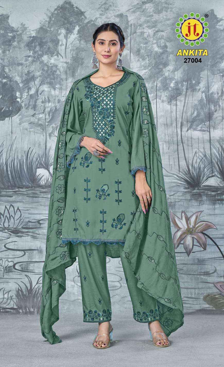 JT ANKITA VOL 27 WHOLESALE RAYON EMBROIDERY WORK SUIT ( 5 pcs catalogue )