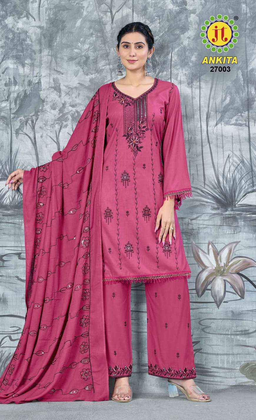 JT ANKITA VOL 27 WHOLESALE RAYON EMBROIDERY WORK SUIT ( 5 pcs catalogue )