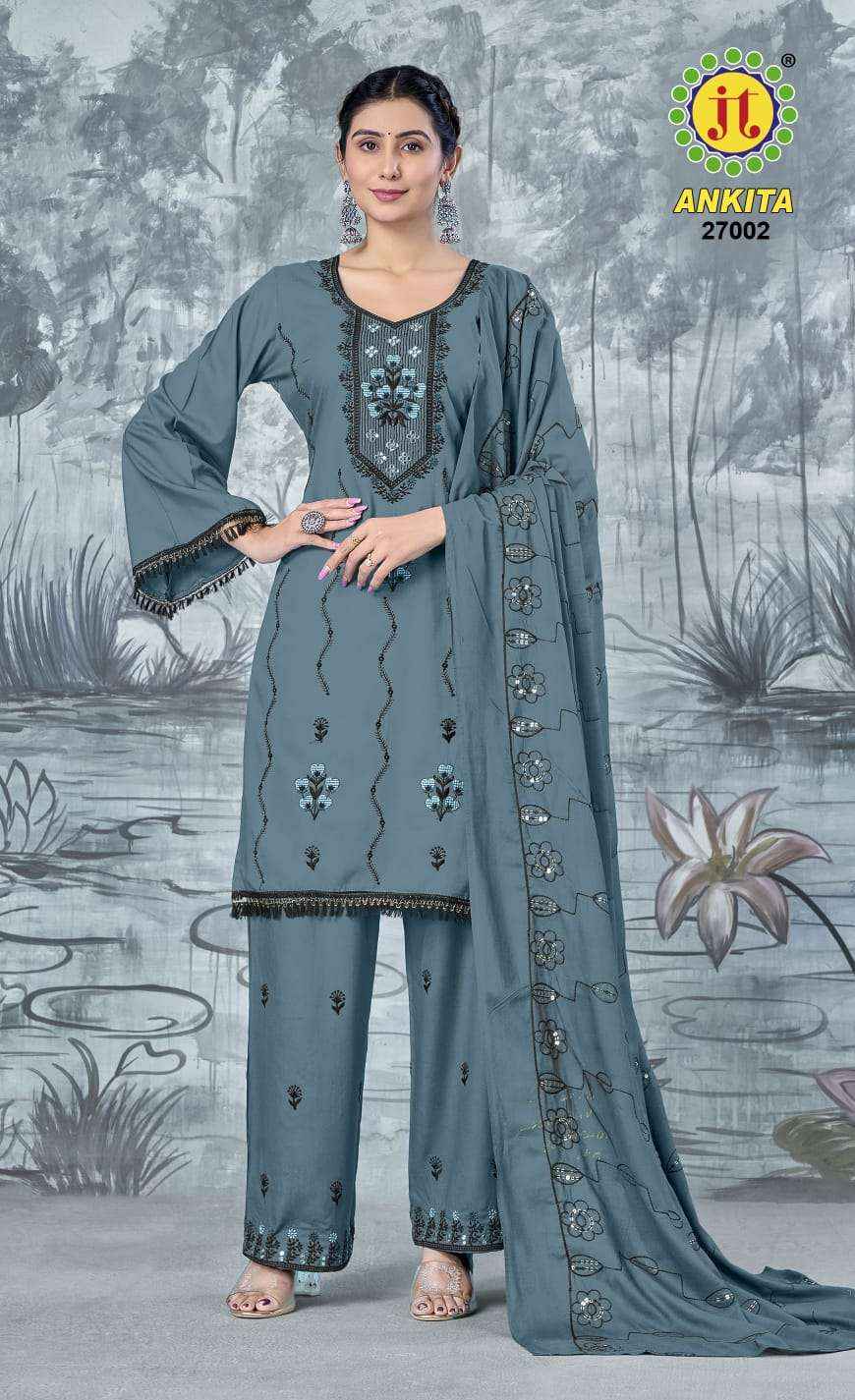 JT ANKITA VOL 27 WHOLESALE RAYON EMBROIDERY WORK SUIT ( 5 pcs catalogue )