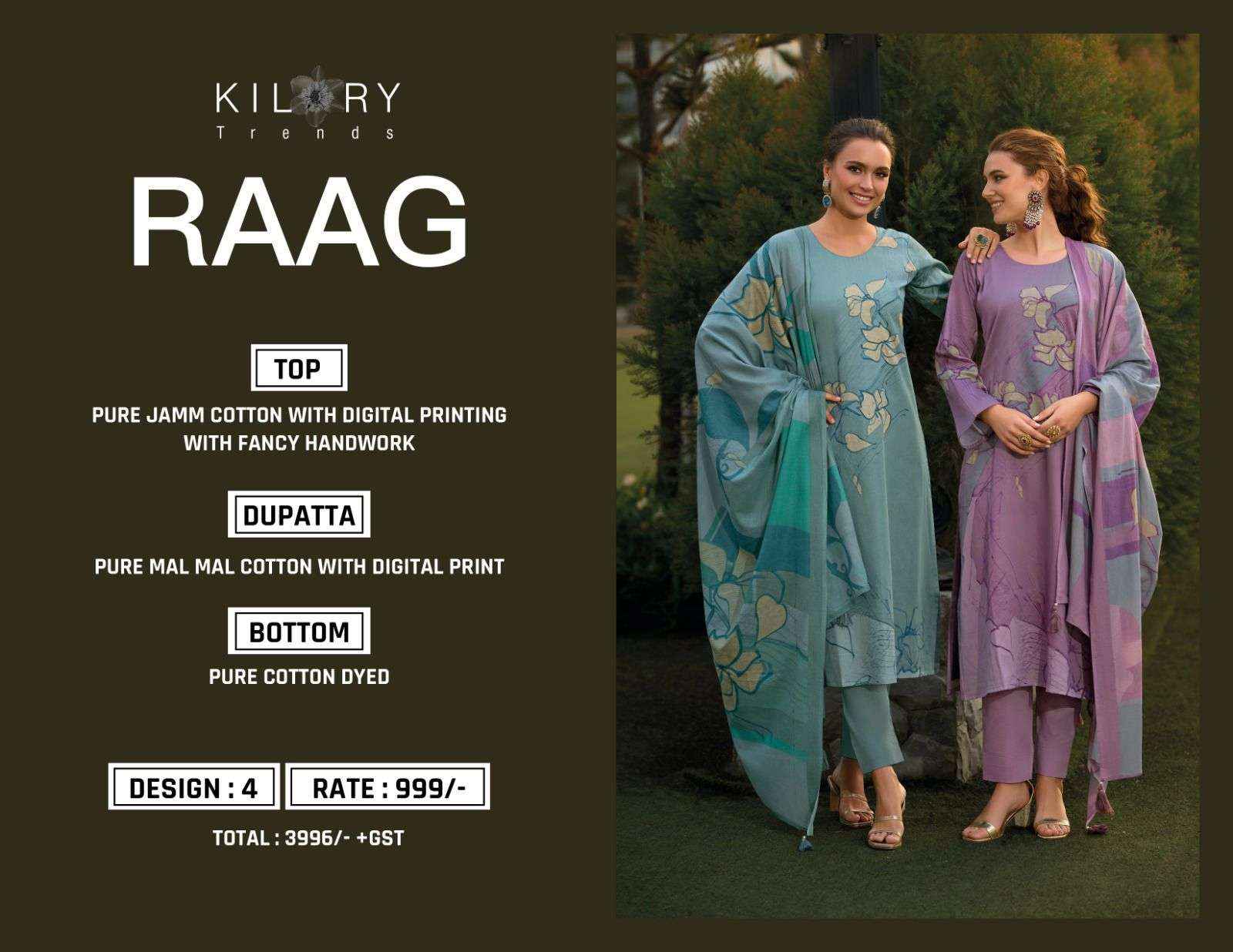 KILORY TRENDS RAAG WHOLESALE JAM COTTON DRESS MATERIAL ( 4 PCS CATALOGUE )