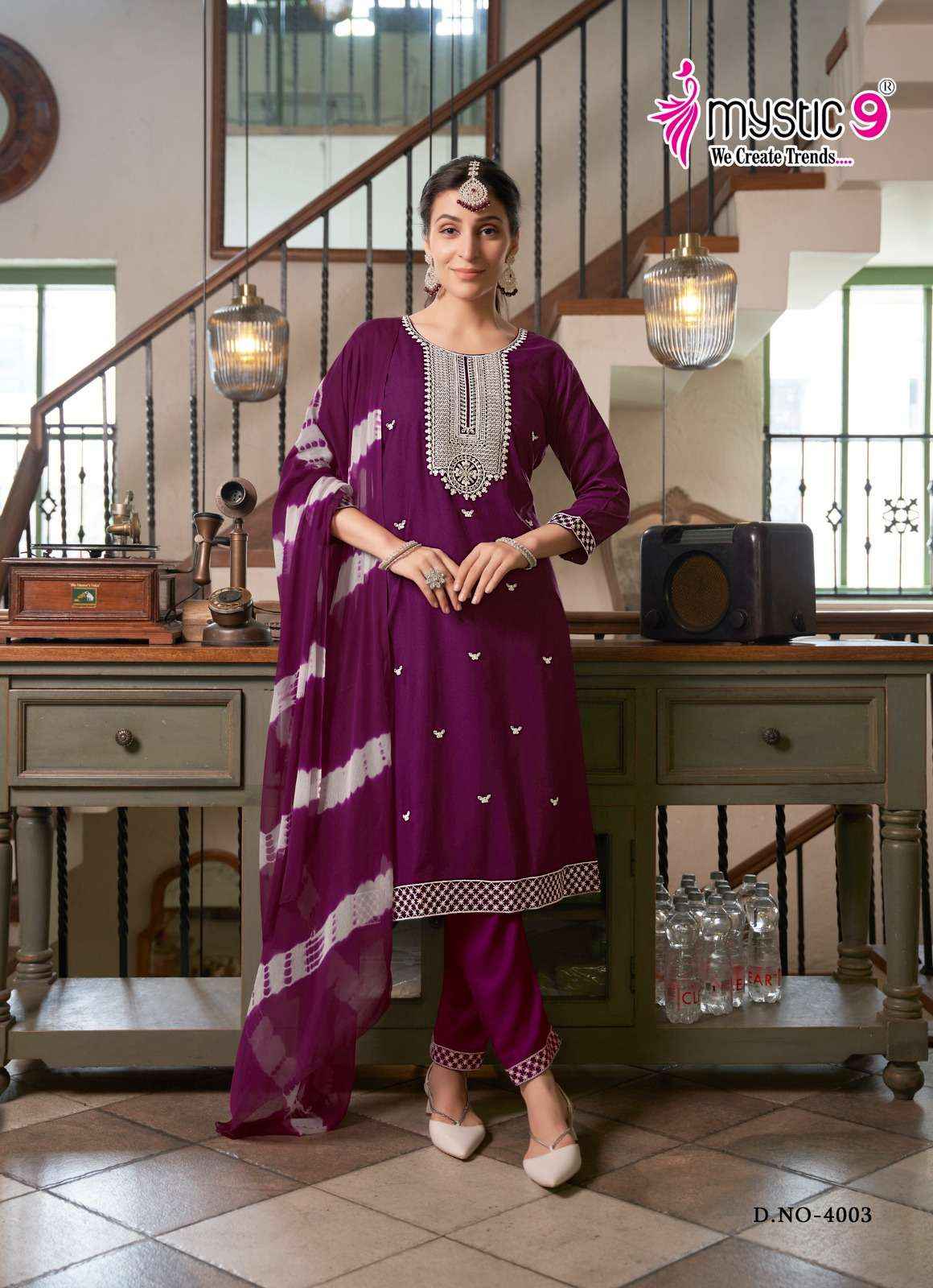 MYSTIC 9 KARACHI VOL 4 RAYON LUCKNOWI WORK DESIGNER SUITS ( 8 PCS CATALOG )
