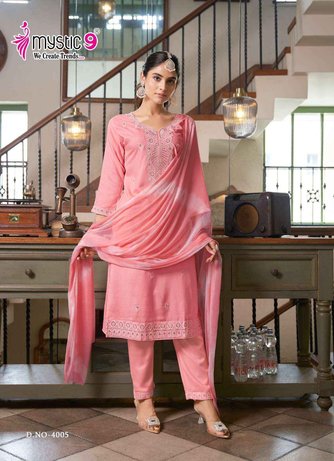 MYSTIC 9 KARACHI VOL 4 RAYON LUCKNOWI WORK DESIGNER SUITS ( 8 PCS CATALOG )