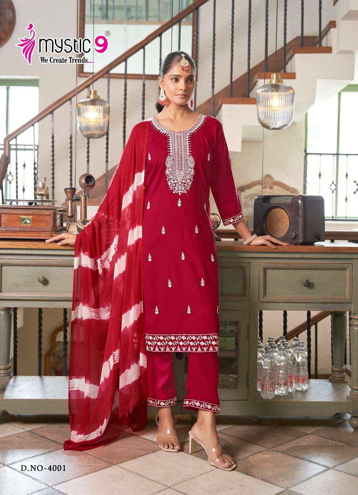 MYSTIC 9 KARACHI VOL 4 RAYON LUCKNOWI WORK DESIGNER SUITS ( 8 PCS CATALOG )