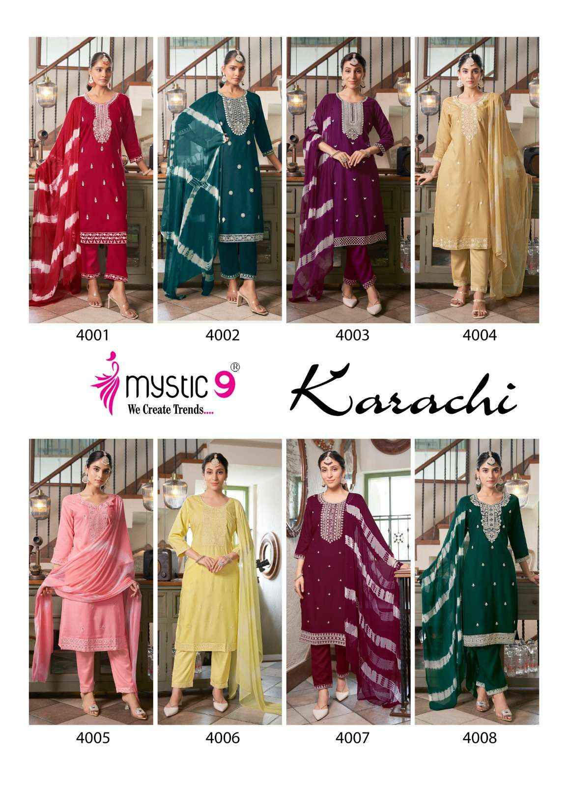 MYSTIC 9 KARACHI VOL 4 RAYON LUCKNOWI WORK DESIGNER SUITS ( 8 PCS CATALOG )