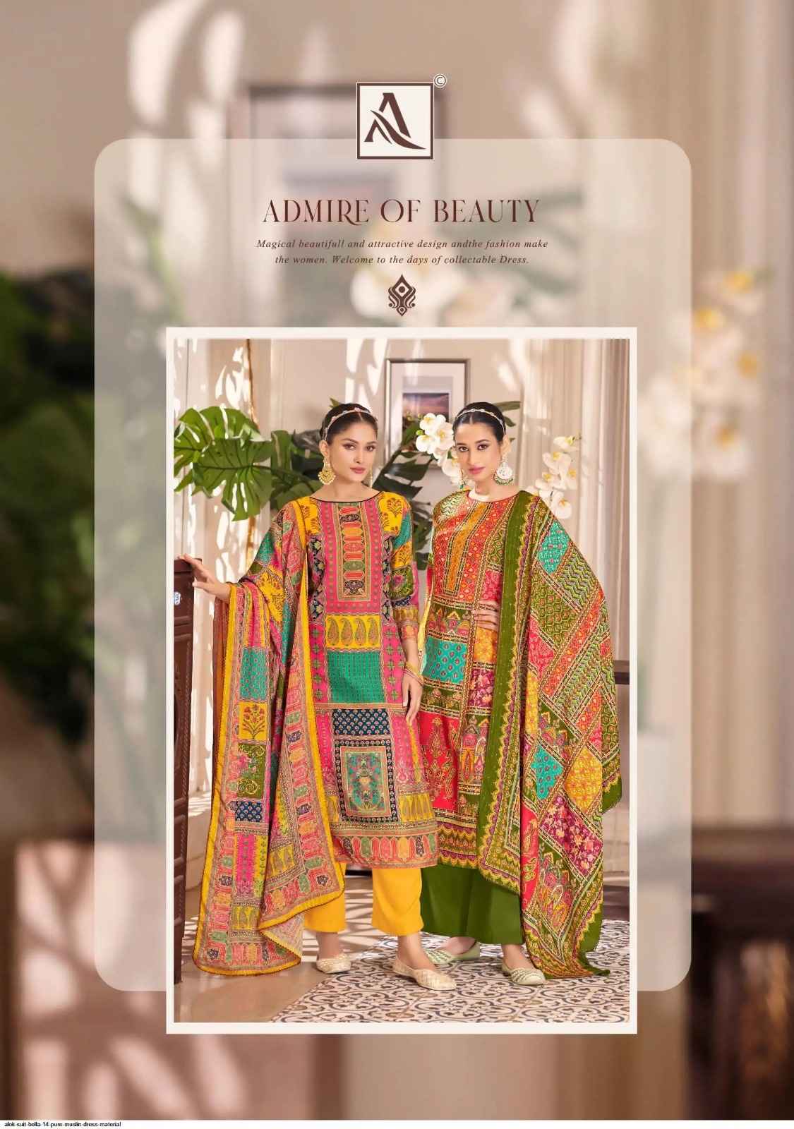 ALOK SUITS BELLA VOL 14 WHOLESALE MUSLIN LADIES DRESS MATERIAL ( 6 PCS CATALOGUE )