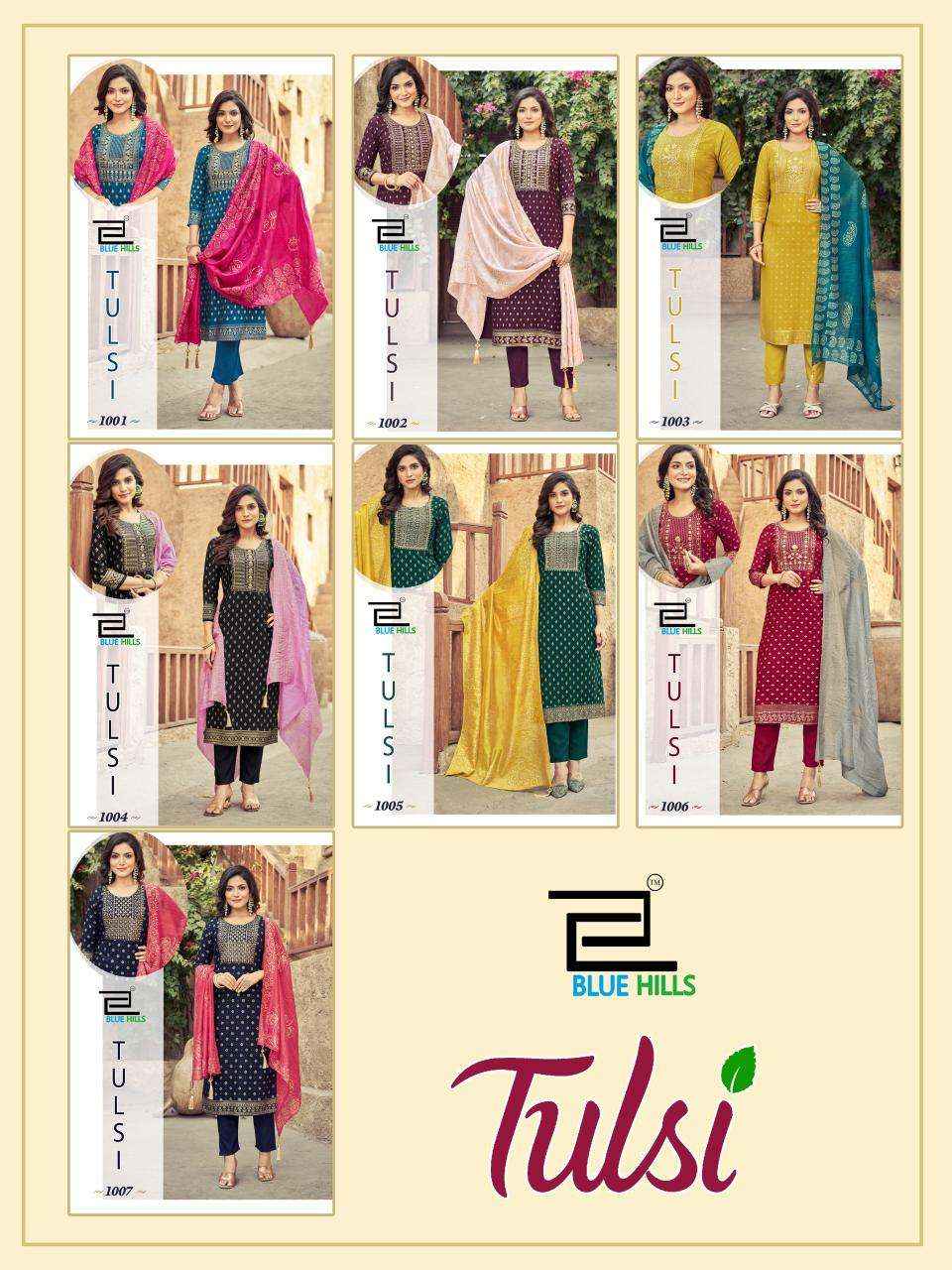 Blue Hills Tulsi Wholesale Rayon Foil Printed Readymade Suits ( 7 Pcs Catalog )