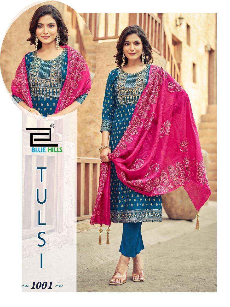 Blue Hills Tulsi Wholesale Rayon Foil Printed Readymade Suits ( 7 Pcs Catalog )