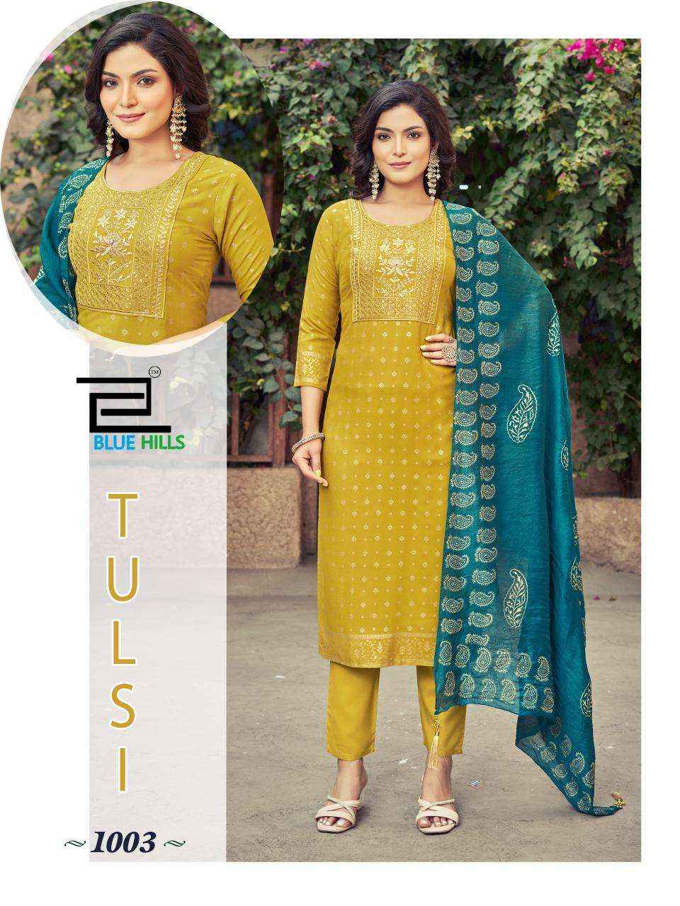 Blue Hills Tulsi Wholesale Rayon Foil Printed Readymade Suits ( 7 Pcs Catalog )